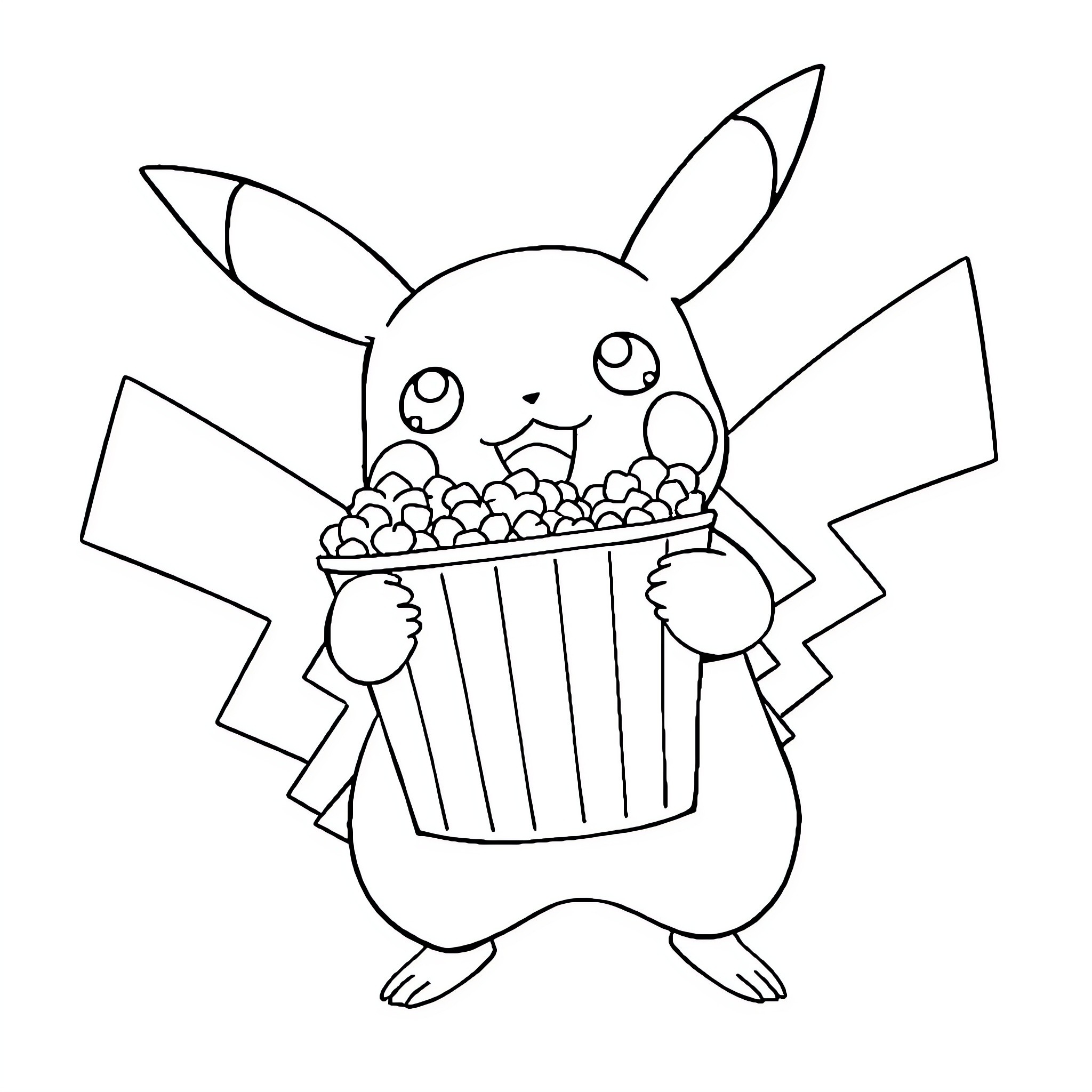 Pikachu holding a bucket of Poke Balls Coloring Page (free black-and-white line drawing printable PDF for all, from beginners to advanced learners, including children, teens, adults, and seniors)