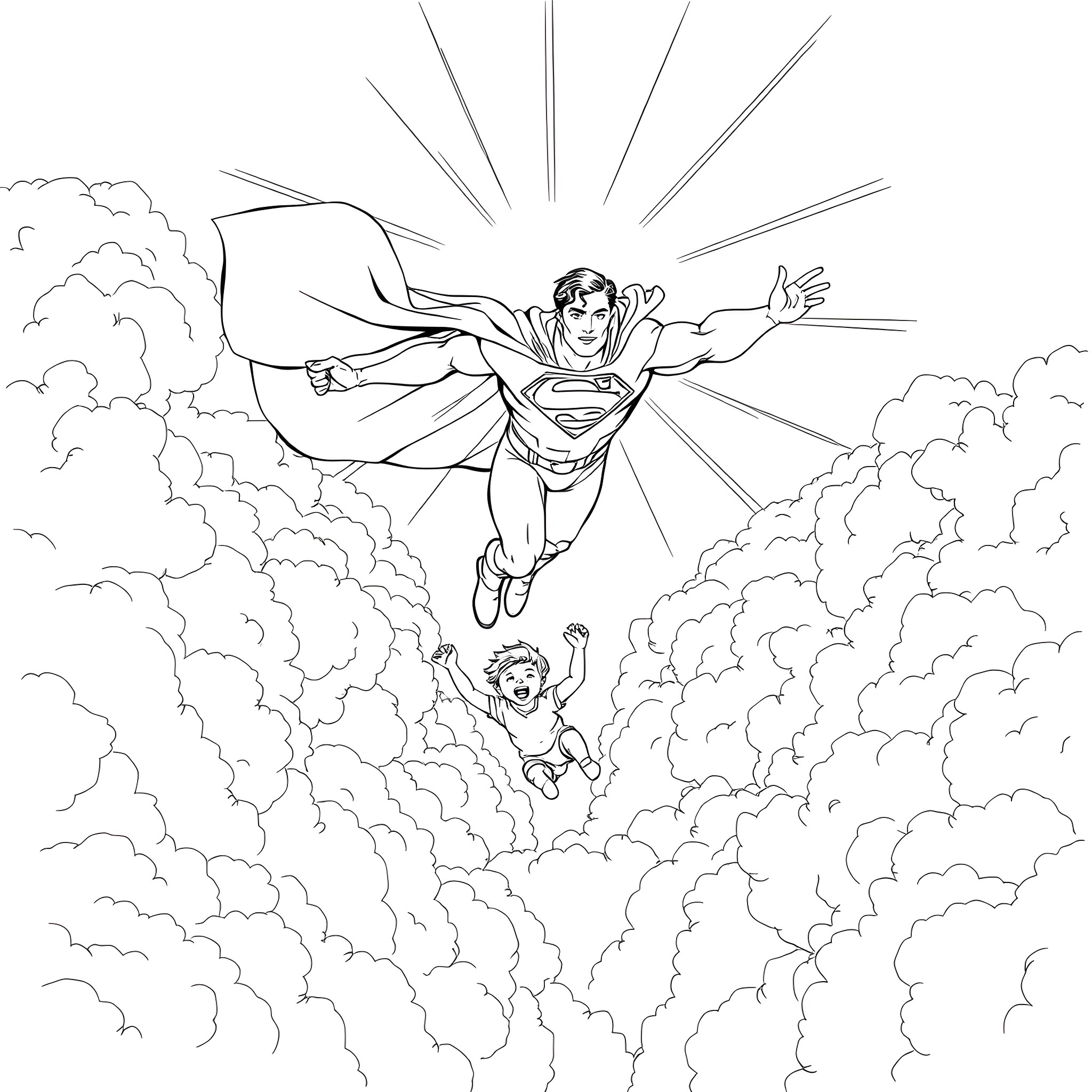 Superman soaring through the skies with a young sidekick Coloring Page (free black-and-white line drawing printable PDF for all, from beginners to advanced learners, including children, teens, adults, and seniors)