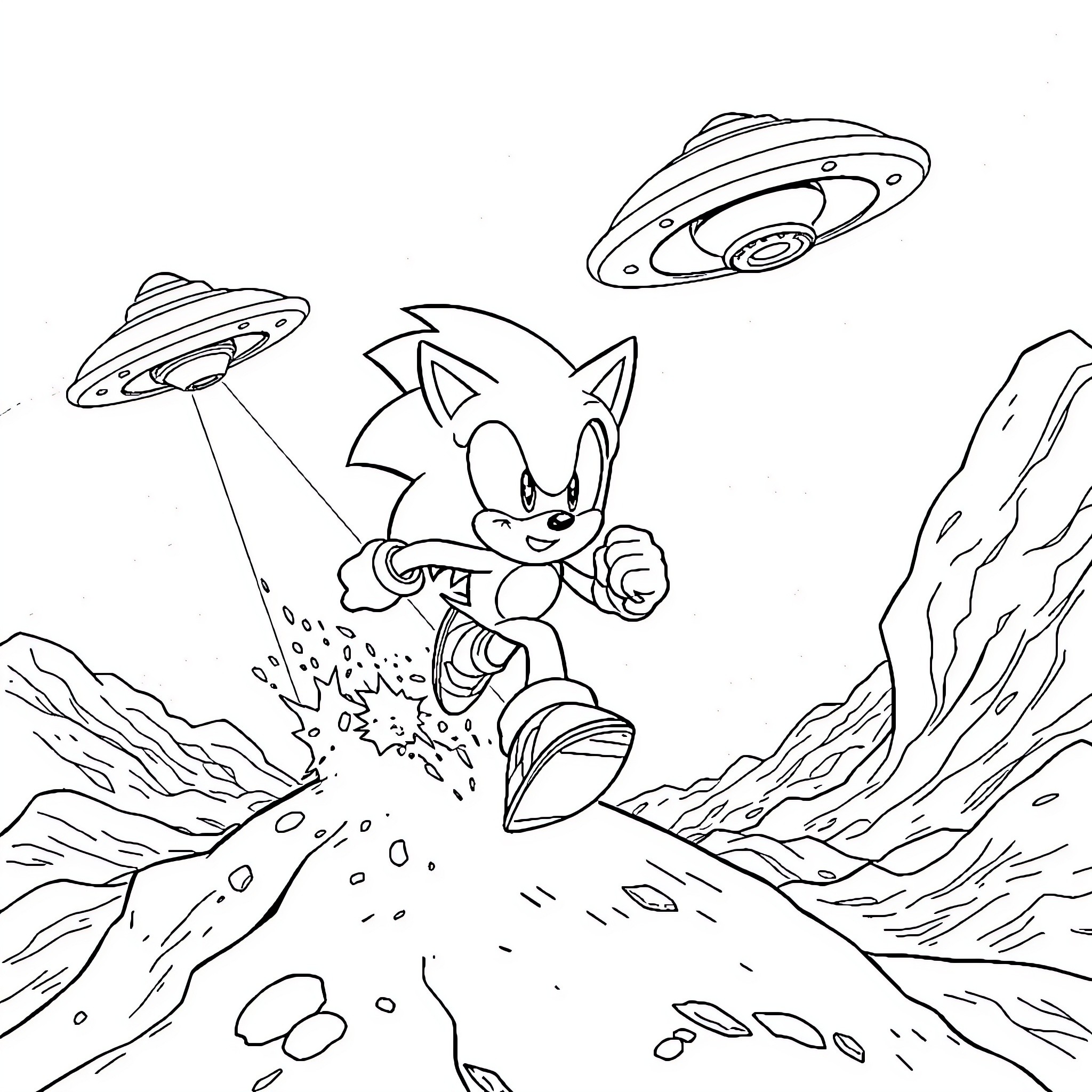 Sonic racing through an alien landscape Coloring Page (free black-and-white line drawing printable PDF for all, from beginners to advanced learners, including children, teens, adults, and seniors)