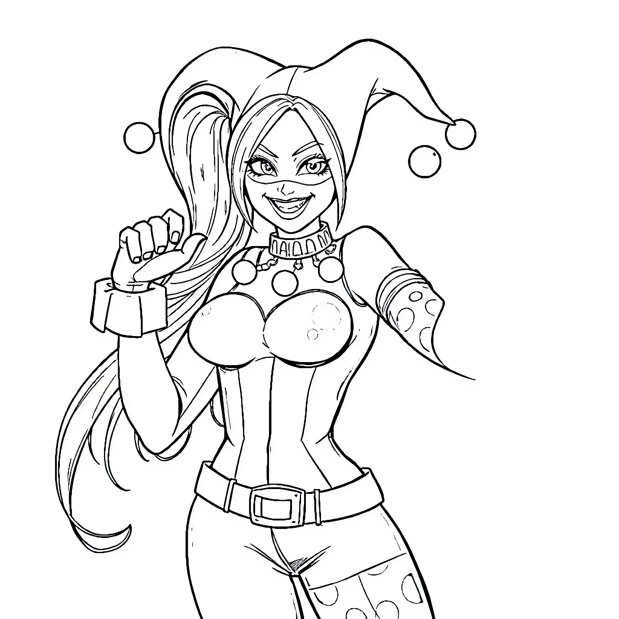 Katarina the Jester: A Playful Performer Coloring Page (free black-and-white line drawing printable PDF for all, from beginners to advanced learners, including children, teens, adults, and seniors)