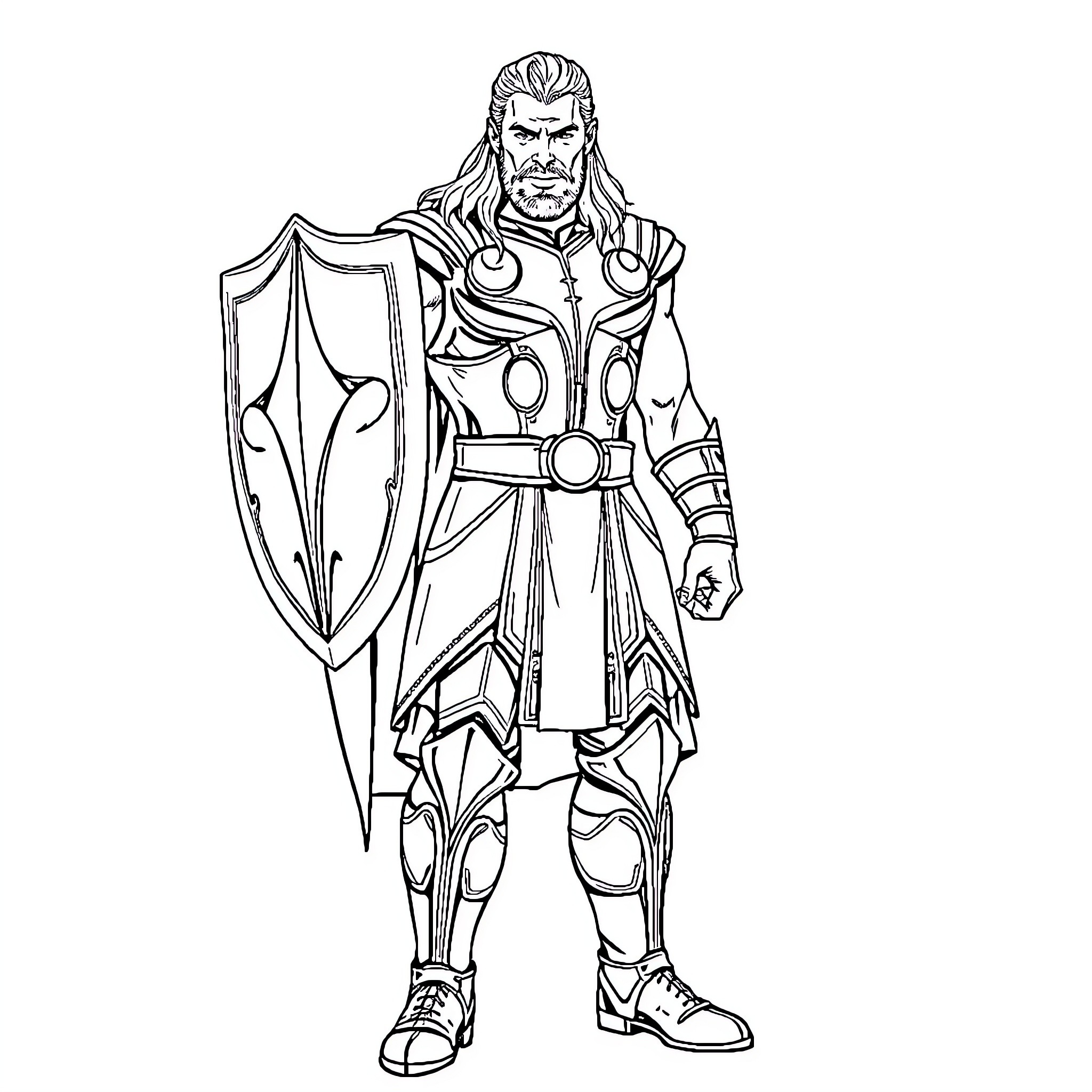 Thor in Majestic Armor and Shield Coloring Page (free black-and-white line drawing printable PDF for all, from beginners to advanced learners, including children, teens, adults, and seniors)