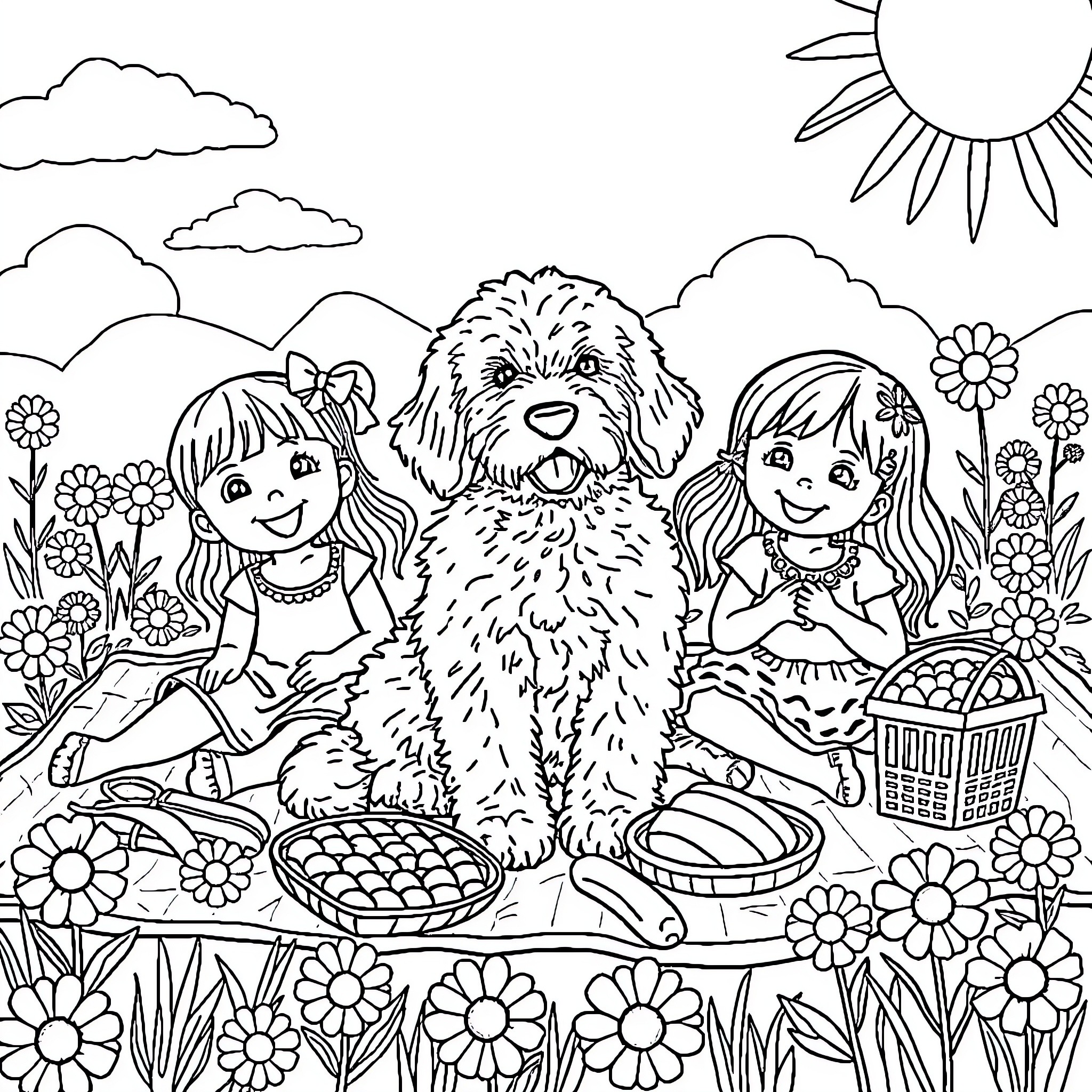Doodle of friends and a friendly dog in a flower garden Coloring Page (free black-and-white line drawing printable PDF for all, from beginners to advanced learners, including children, teens, adults, and seniors)
