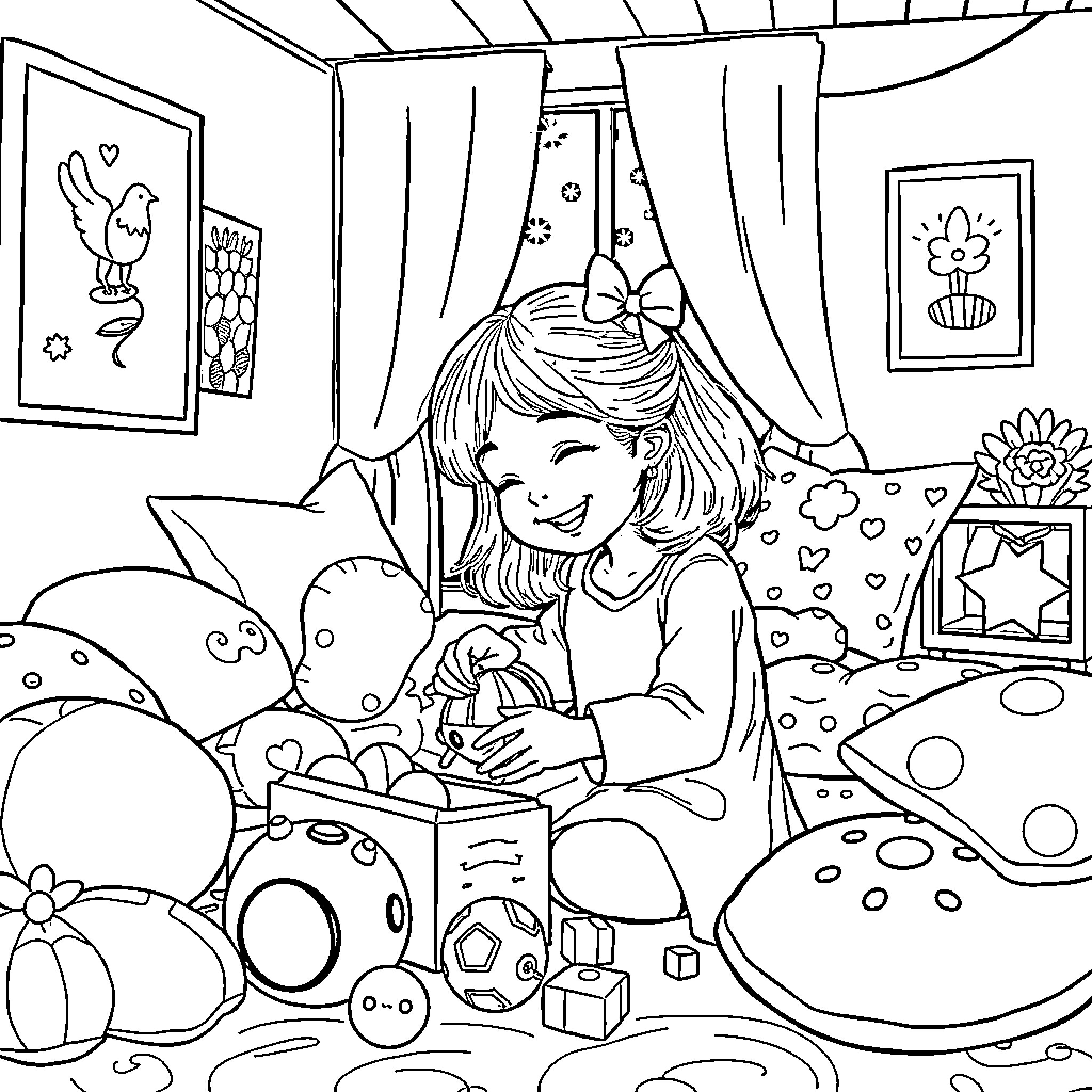 Girl happily playing with toys in her bedroom Coloring Page (free black-and-white line drawing printable PDF for all, from beginners to advanced learners, including children, teens, adults, and seniors)
