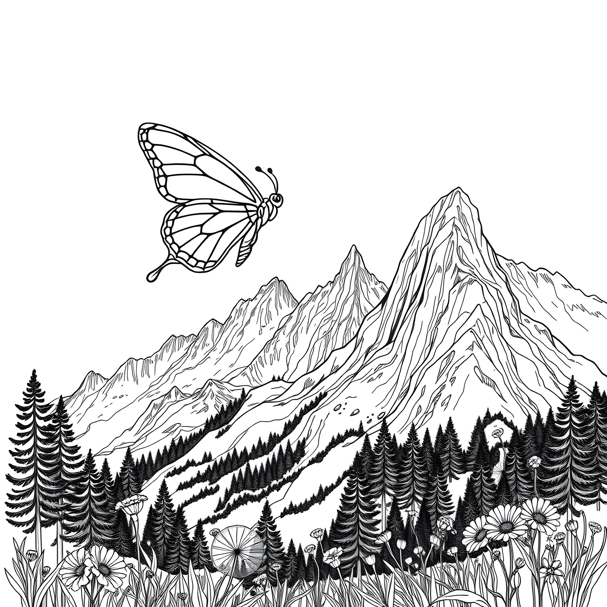 Butterfly Soaring Over Majestic Mountain Landscape Coloring Page (free black-and-white line drawing printable PDF for all, from beginners to advanced learners, including children, teens, adults, and seniors)
