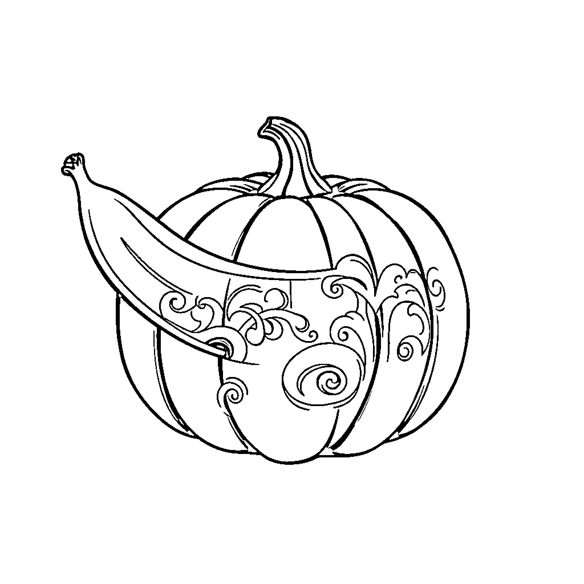 Banana-shaped pumpkin with intricate designs Coloring Page (free black-and-white line drawing printable PDF for all, from beginners to advanced learners, including children, teens, adults, and seniors)