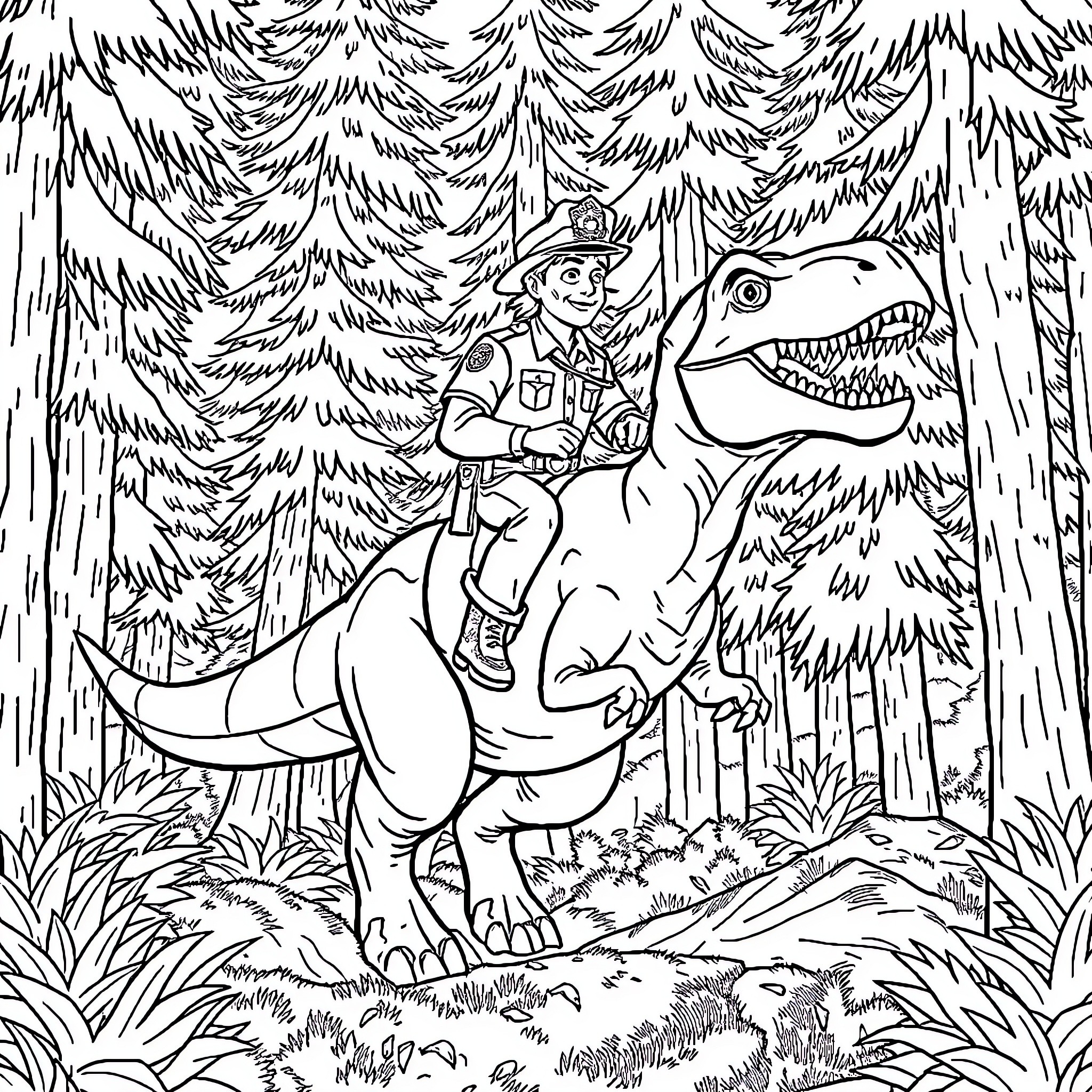 Deputy Sheriff riding a Dinosaur in the Forest Coloring Page (free black-and-white line drawing printable PDF for all, from beginners to advanced learners, including children, teens, adults, and seniors)
