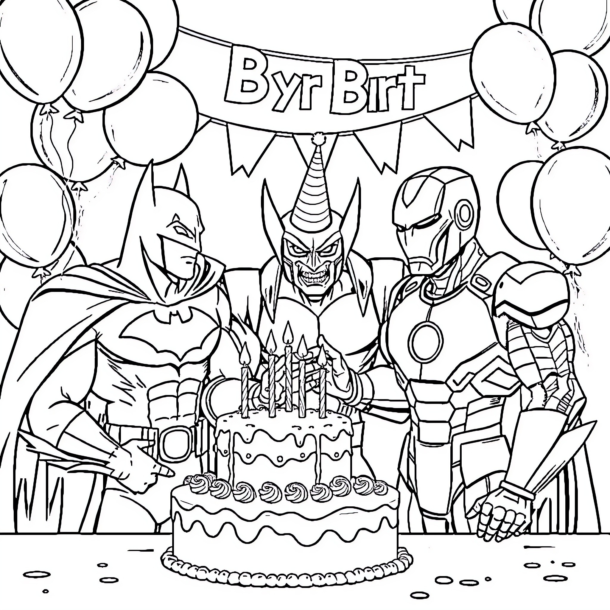 Superhero birthday party celebration Coloring Page (free black-and-white line drawing printable PDF for all, from beginners to advanced learners, including children, teens, adults, and seniors)
