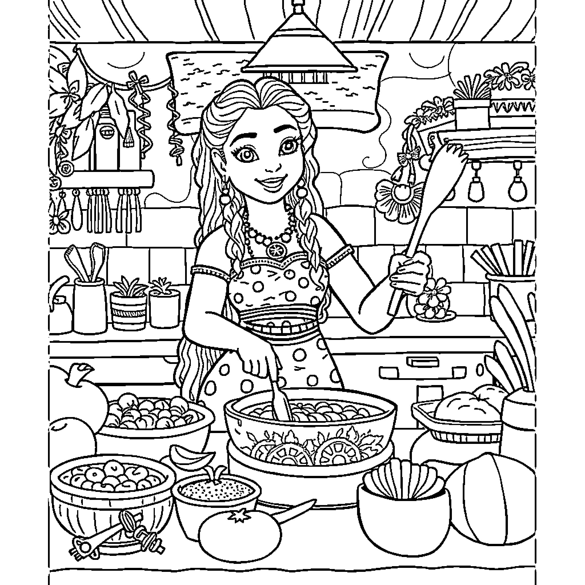 Moana creating Hawaiian-inspired dishes in her kitchen Coloring Page (free black-and-white line drawing printable PDF for all, from beginners to advanced learners, including children, teens, adults, and seniors)