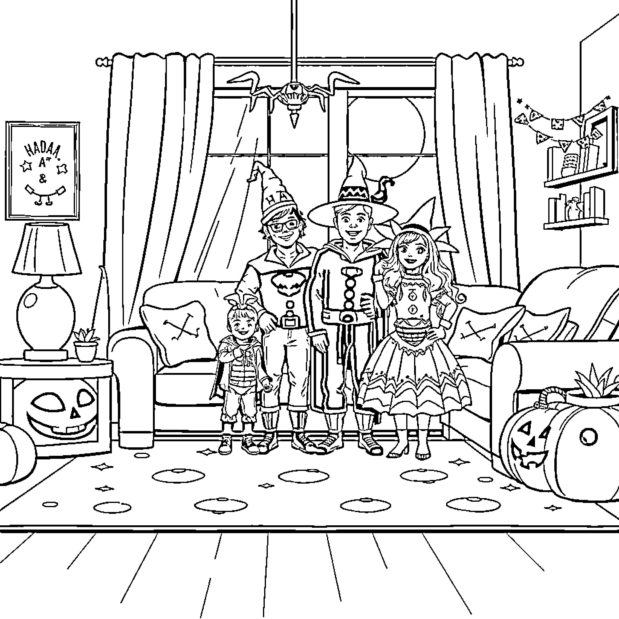 Family celebrating Halloween in living room Coloring Page (free black-and-white line drawing printable PDF for all, from beginners to advanced learners, including children, teens, adults, and seniors)
