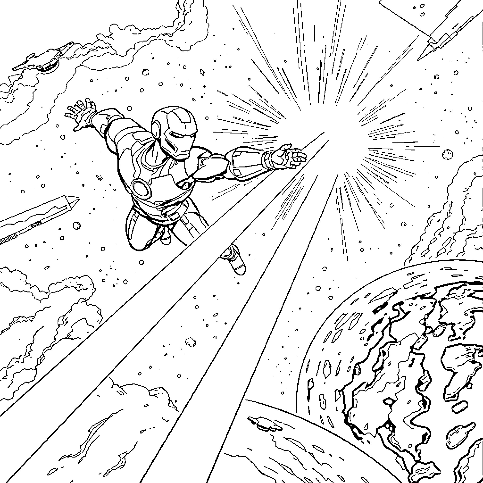 Iron Man soaring through the sky with power and intensity Coloring Page (free black-and-white line drawing printable PDF for all, from beginners to advanced learners, including children, teens, adults, and seniors)