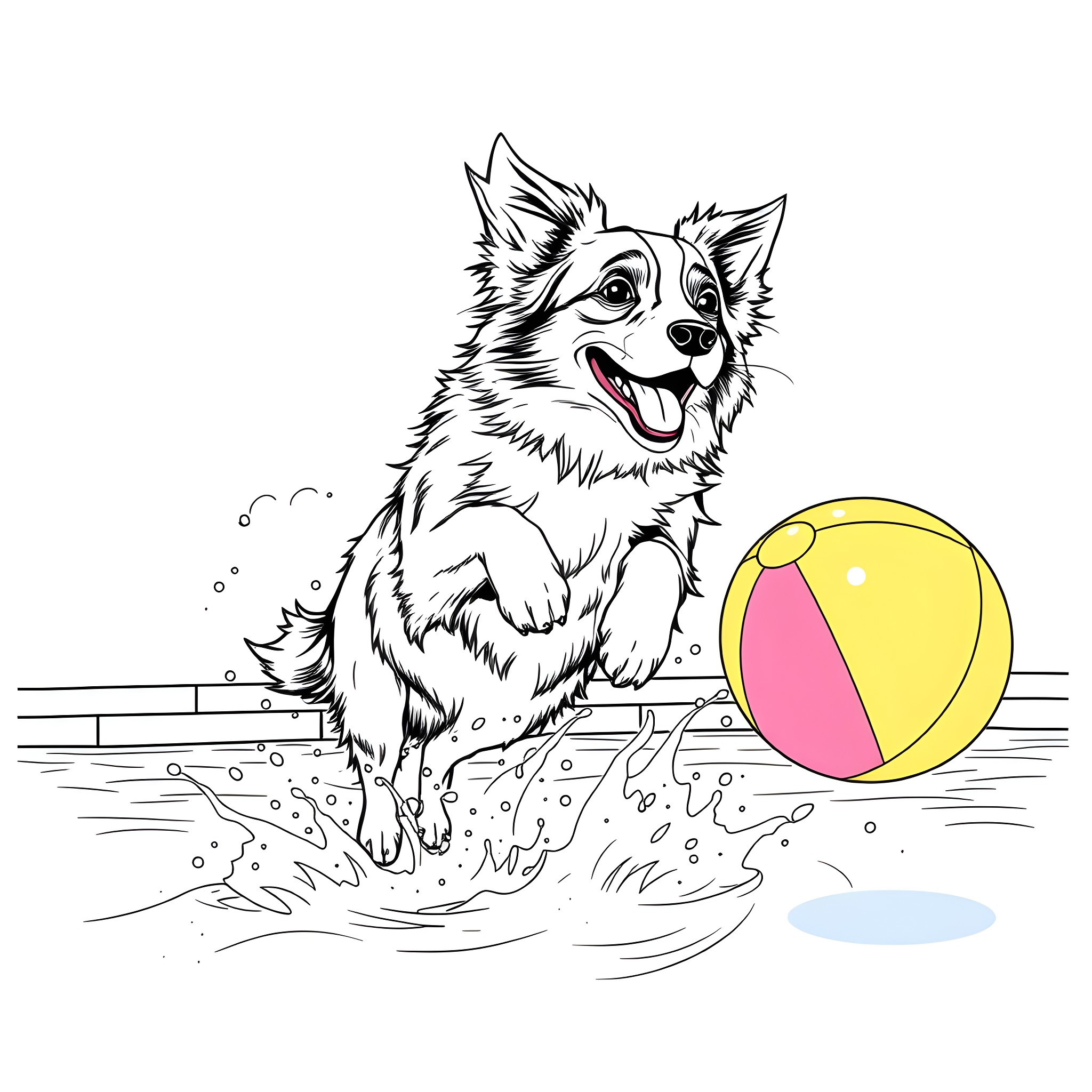 Australian Shepherd playing joyfully with beach ball Coloring Page (free black-and-white line drawing printable PDF for all, from beginners to advanced learners, including children, teens, adults, and seniors)