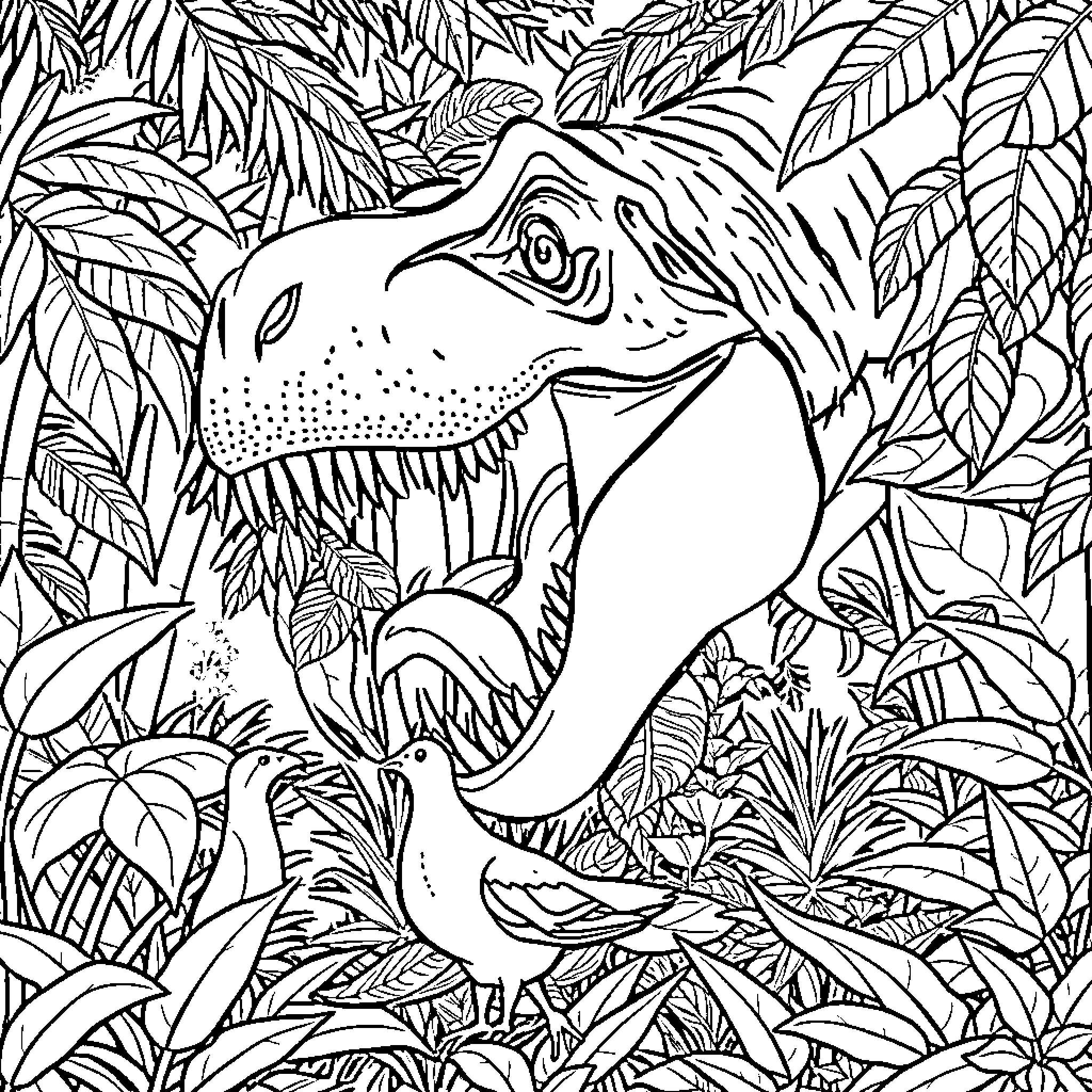 T-Rex amidst lush jungle foliage Coloring Page (free black-and-white line drawing printable PDF for all, from beginners to advanced learners, including children, teens, adults, and seniors)
