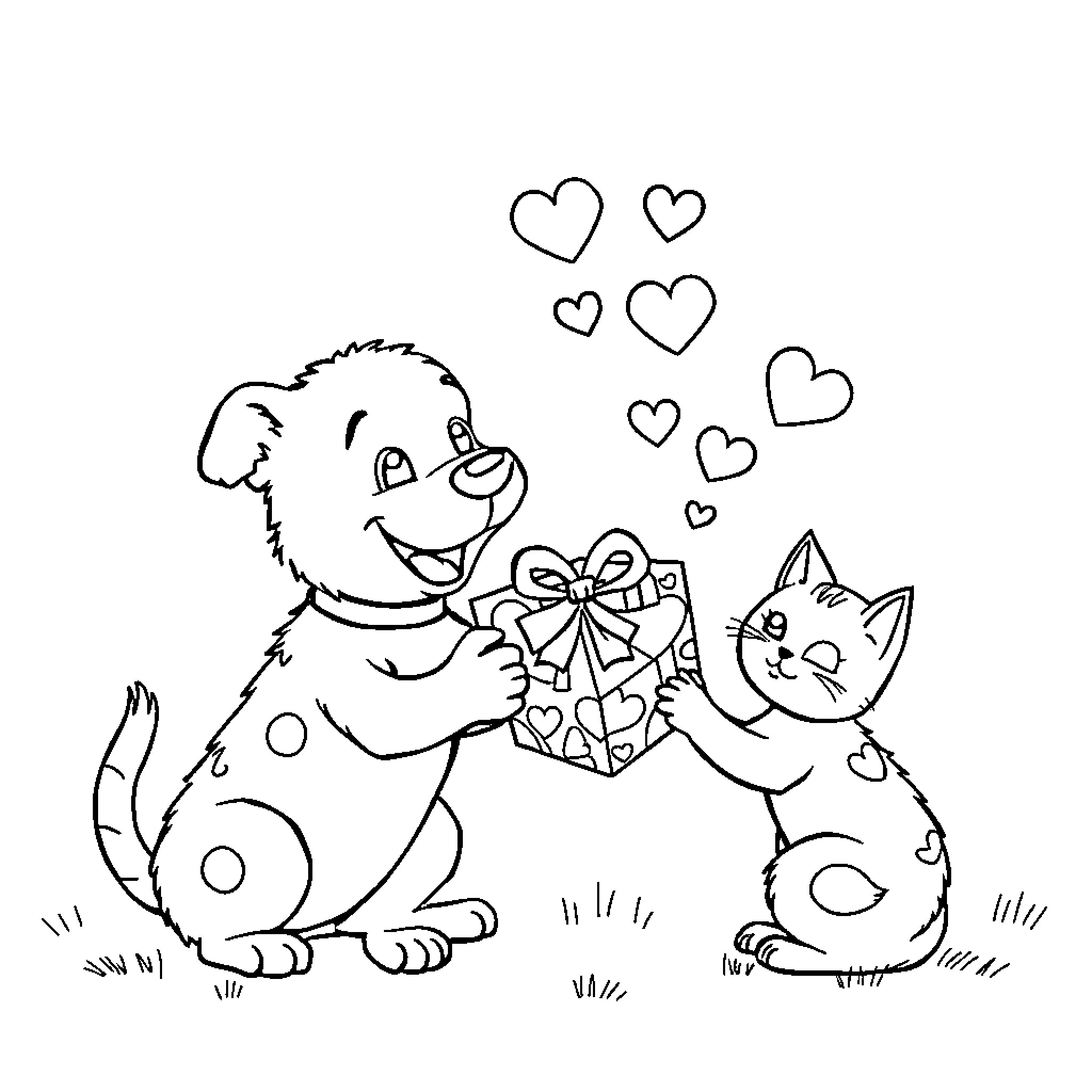Dog and cat exchanging gifts with hearts Coloring Page (free black-and-white line drawing printable PDF for all, from beginners to advanced learners, including children, teens, adults, and seniors)