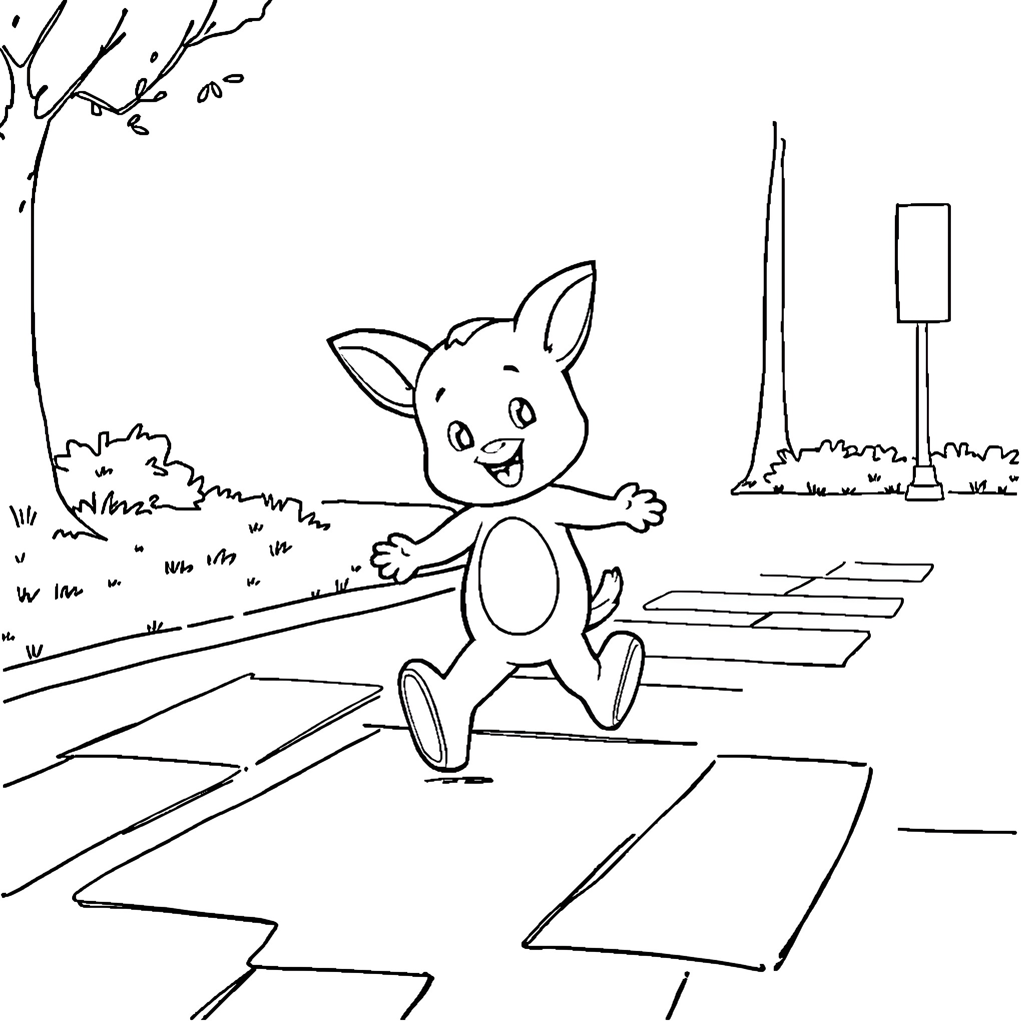 Bluey crossing the street happily Coloring Page (free black-and-white line drawing printable PDF for all, from beginners to advanced learners, including children, teens, adults, and seniors)