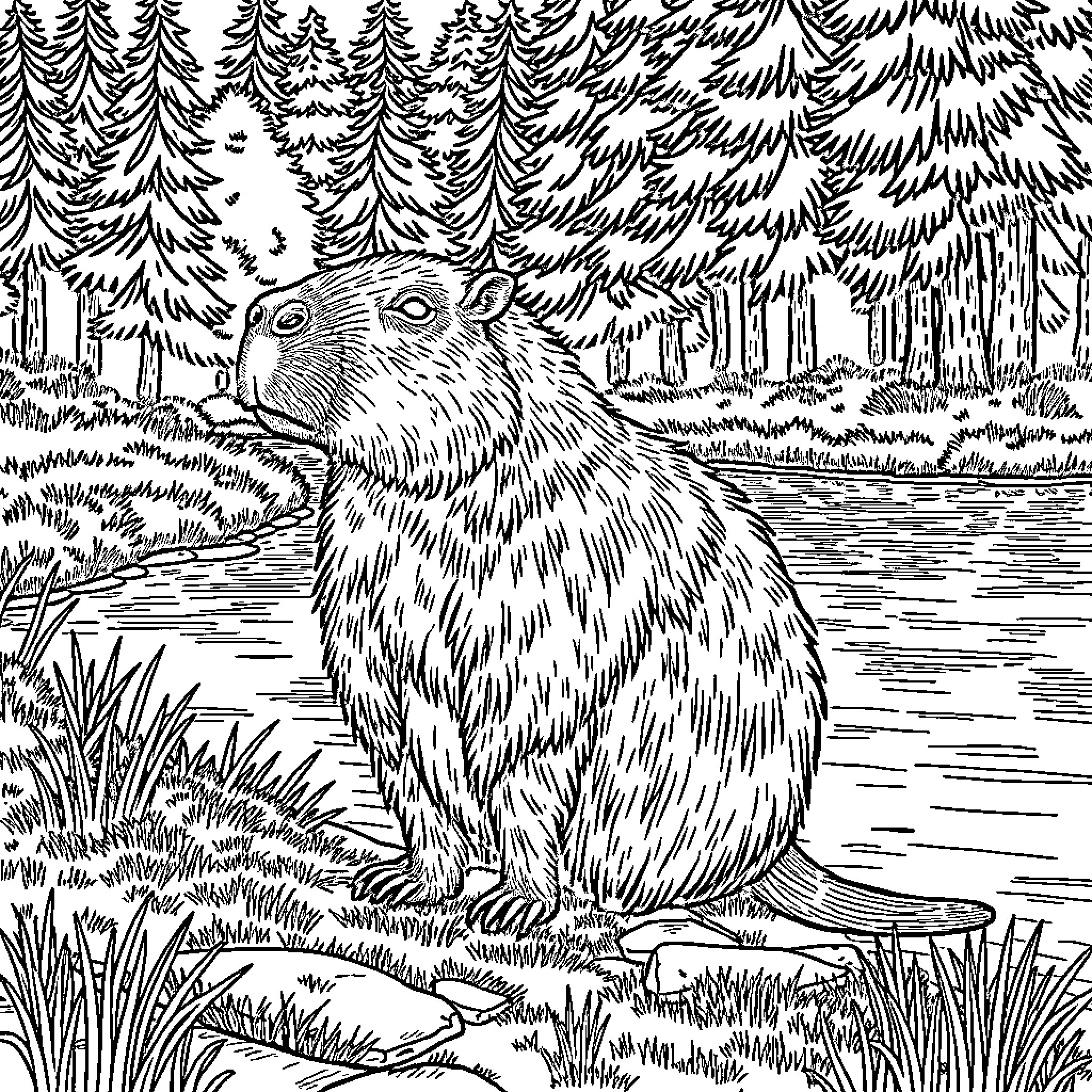 Capybara in a serene forest landscape Coloring Page (free black-and-white line drawing printable PDF for all, from beginners to advanced learners, including children, teens, adults, and seniors)