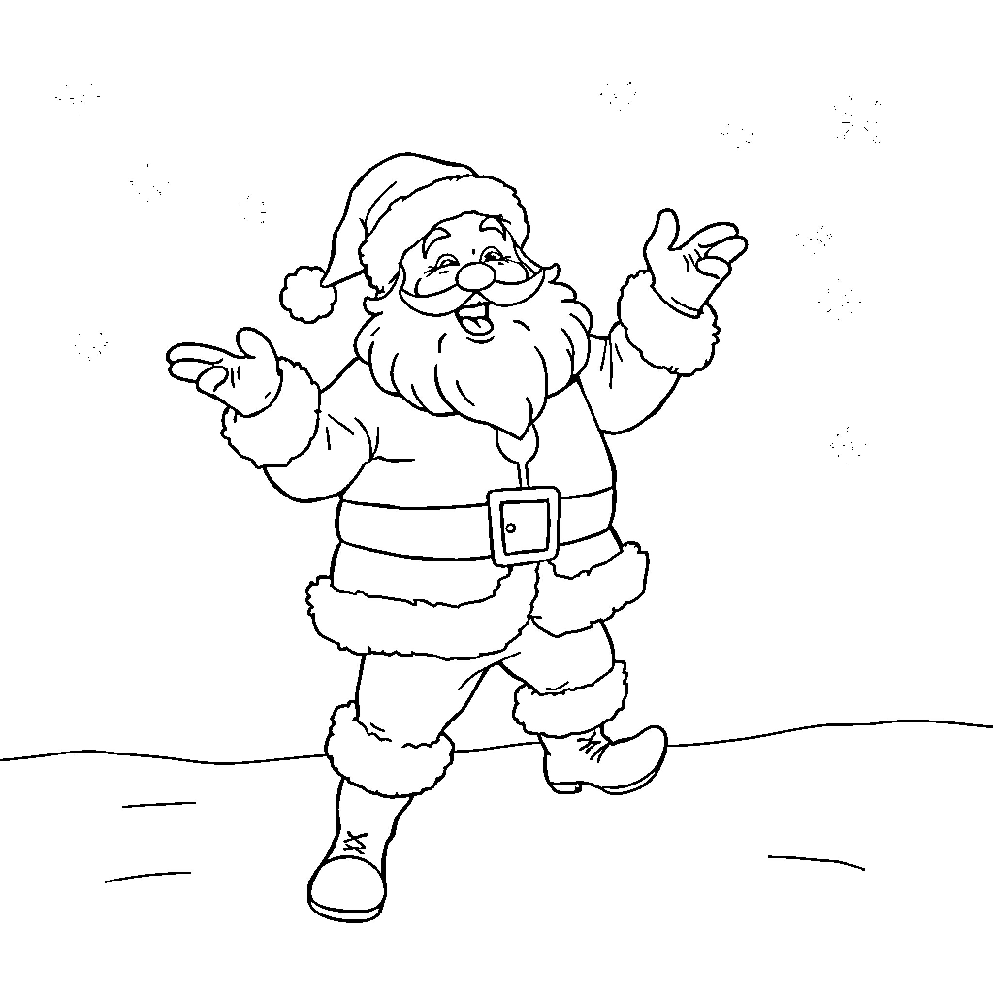 Santa Claus dancing in winter wonderland Coloring Page (free black-and-white line drawing printable PDF for all, from beginners to advanced learners, including children, teens, adults, and seniors)