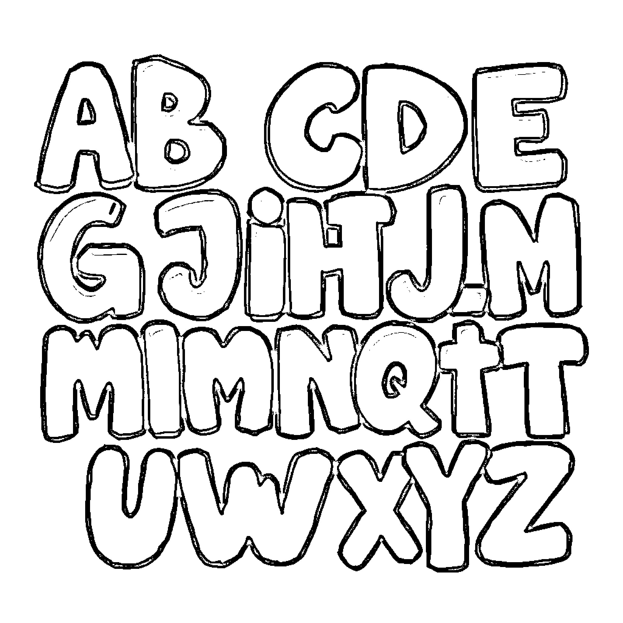 Alphabet letters in hand-drawn doodle style Coloring Page (free black-and-white line drawing printable PDF for all, from beginners to advanced learners, including children, teens, adults, and seniors)