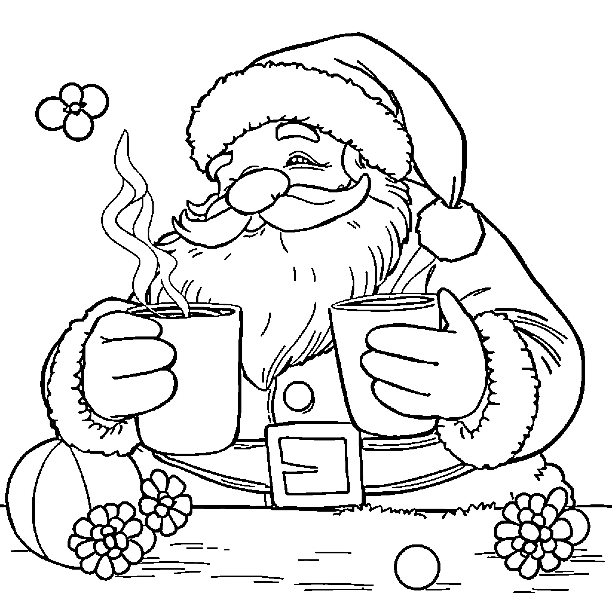Santa enjoying a hot drink on a snowy day Coloring Page (free black-and-white line drawing printable PDF for all, from beginners to advanced learners, including children, teens, adults, and seniors)