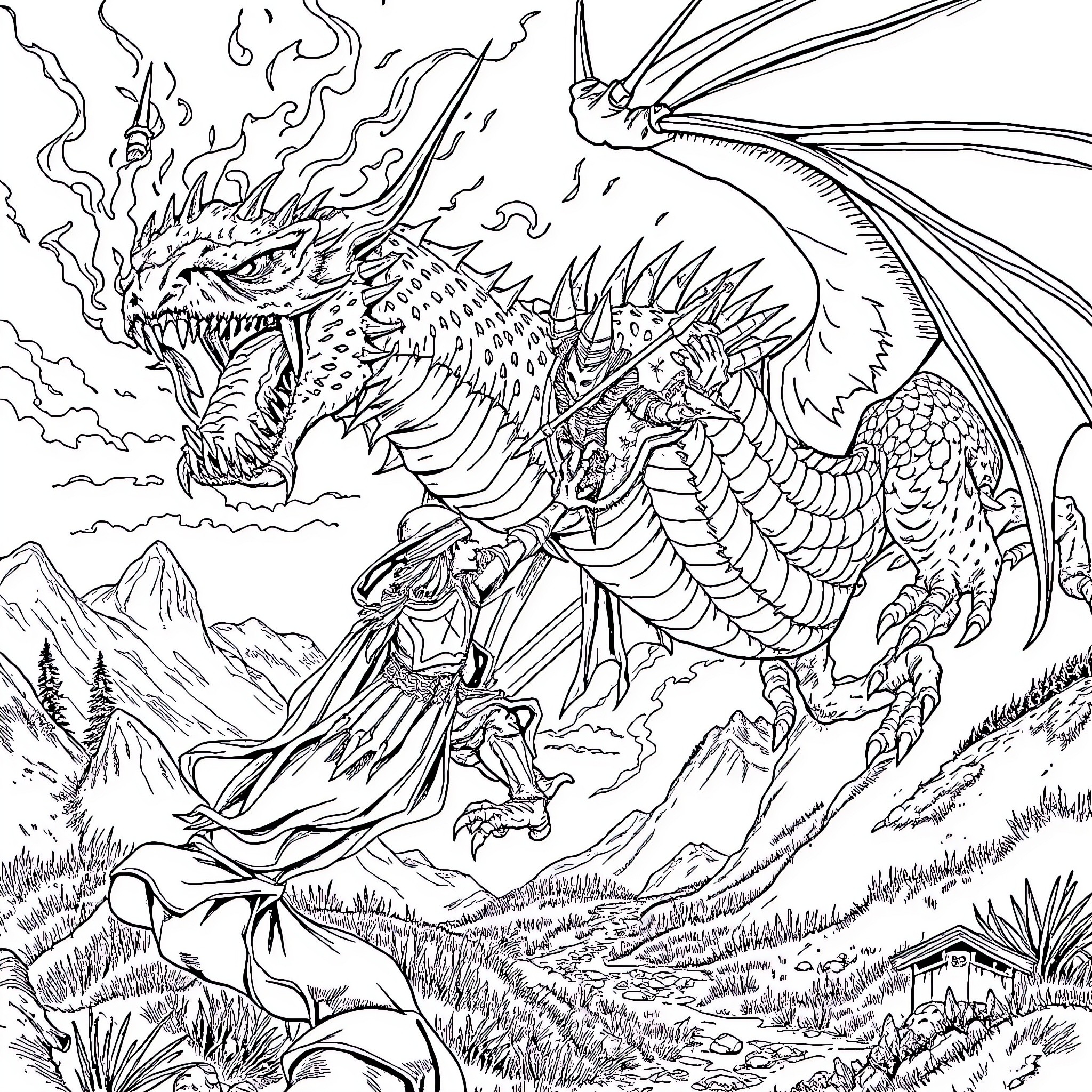 Knight facing off against a mighty dragon in the mountains Coloring Page (free black-and-white line drawing printable PDF for all, from beginners to advanced learners, including children, teens, adults, and seniors)