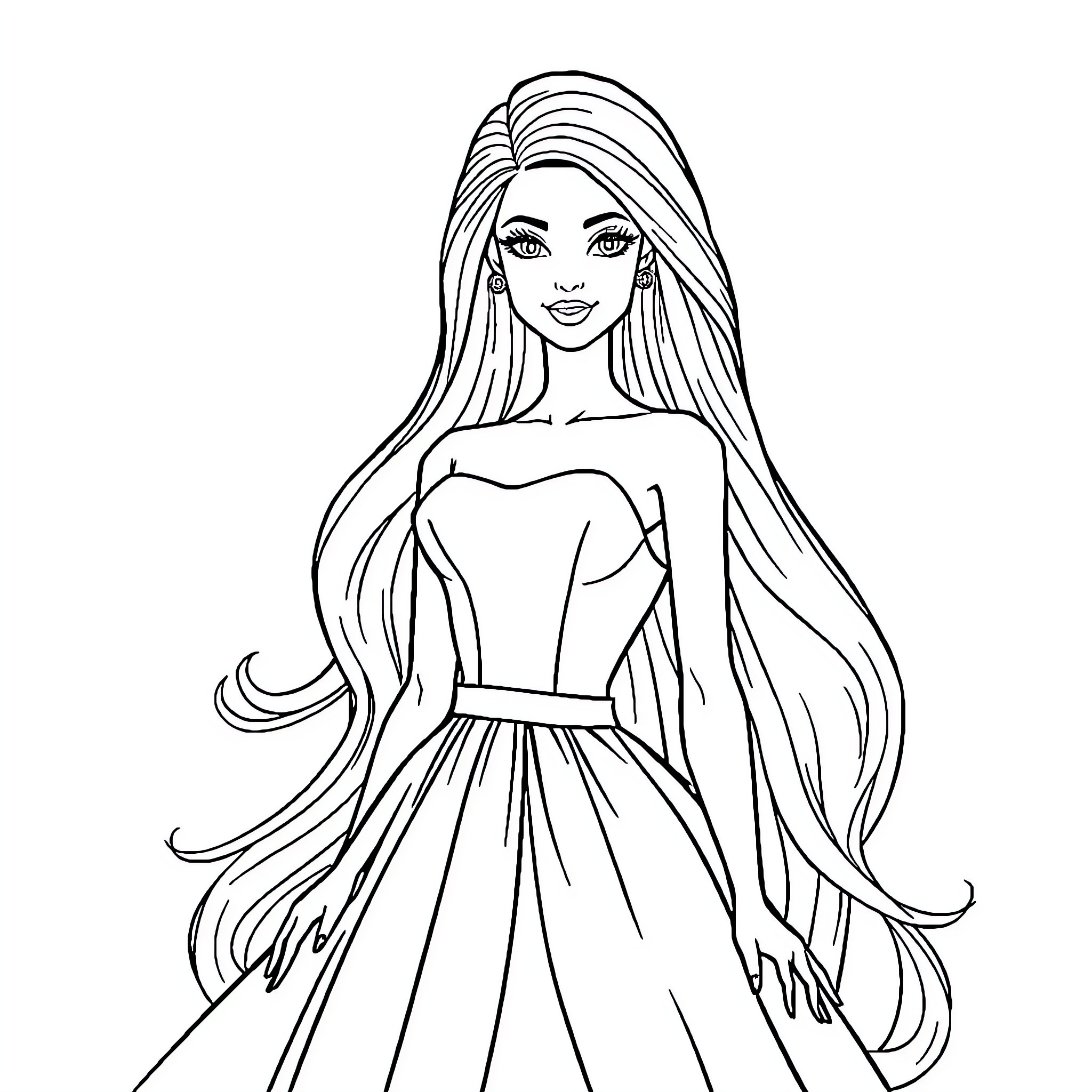 Barbie in elegant formal gown with long flowing hair Coloring Page (free black-and-white line drawing printable PDF for all, from beginners to advanced learners, including children, teens, adults, and seniors)