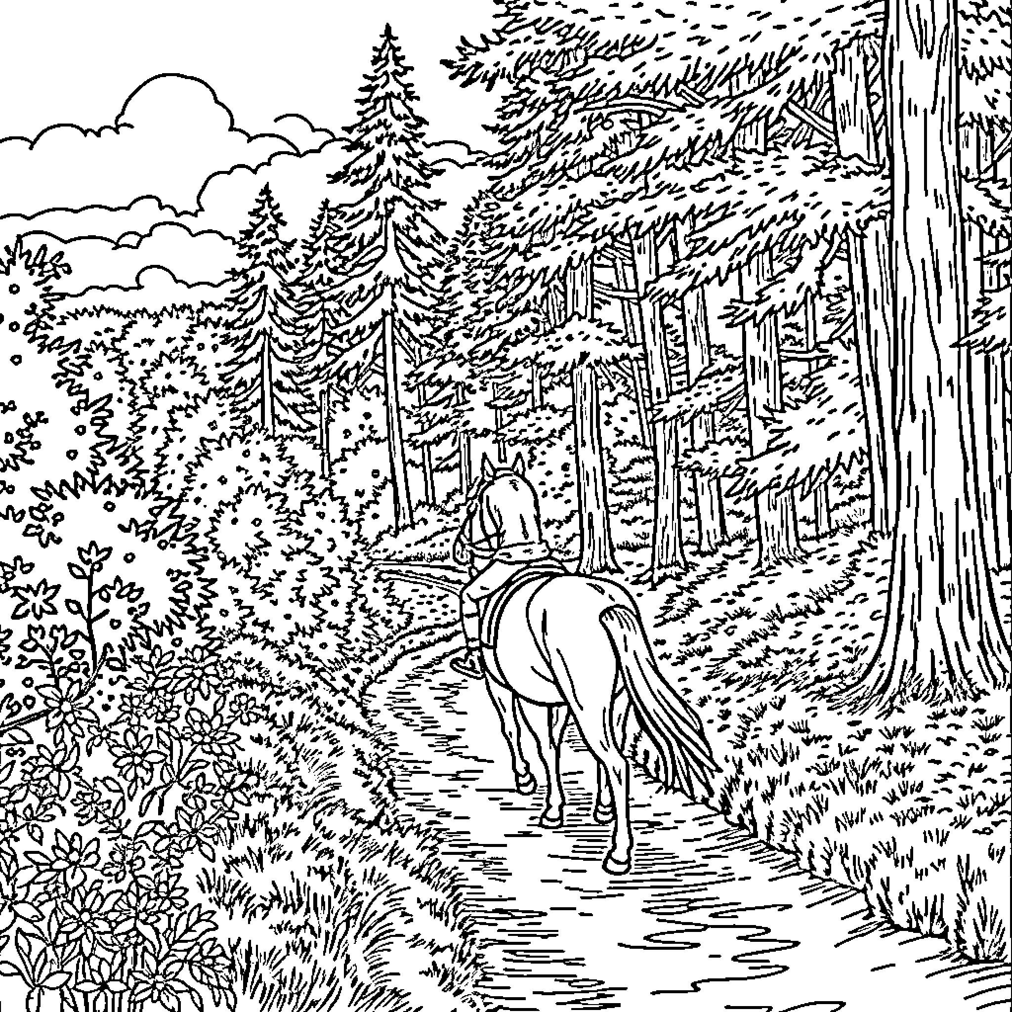 Horse Riding Through Scenic Forest Landscape Coloring Page (free black-and-white line drawing printable PDF for all, from beginners to advanced learners, including children, teens, adults, and seniors)