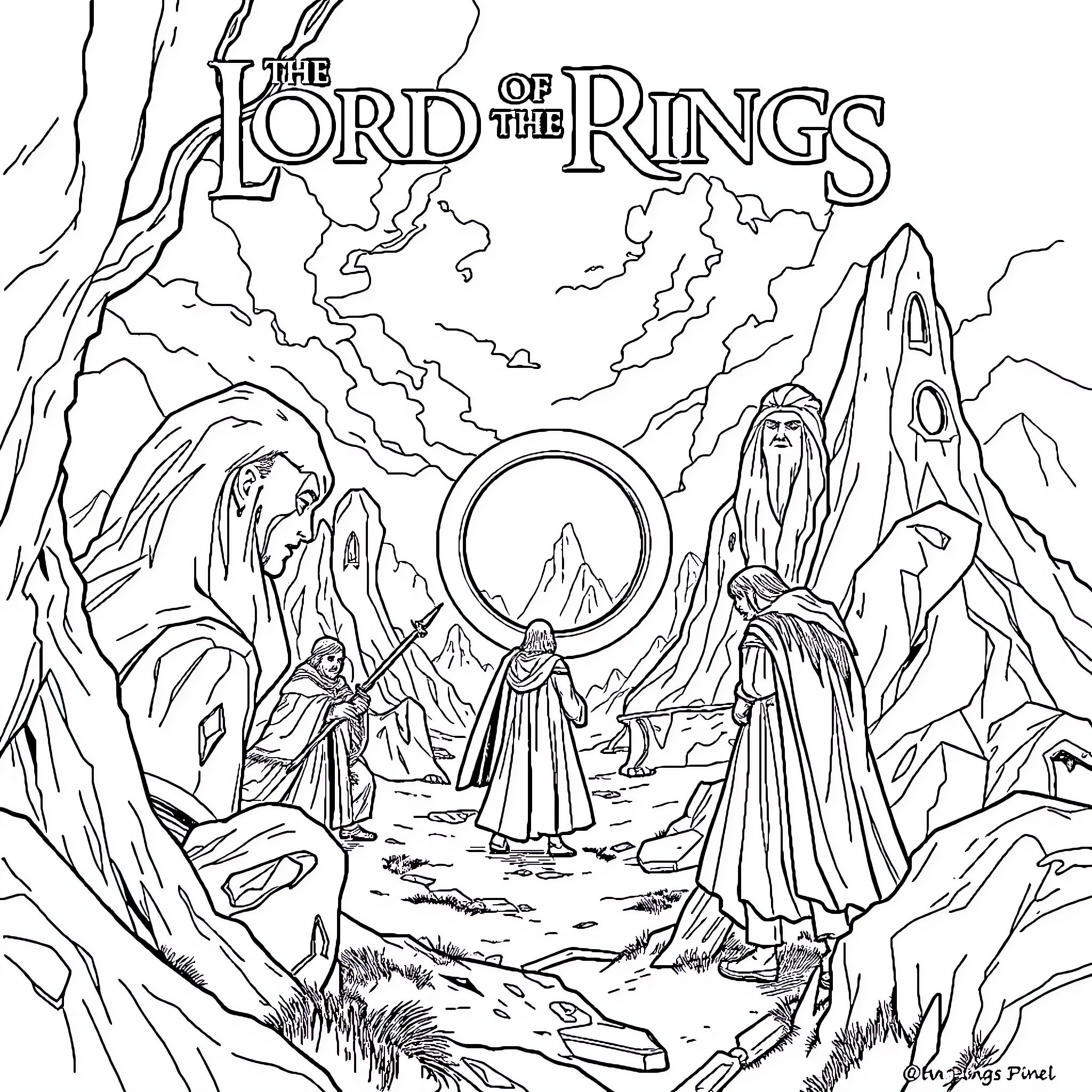 Lord of the Rings: Characters in Fantastical Landscape Coloring Page (free black-and-white line drawing printable PDF for all, from beginners to advanced learners, including children, teens, adults, and seniors)