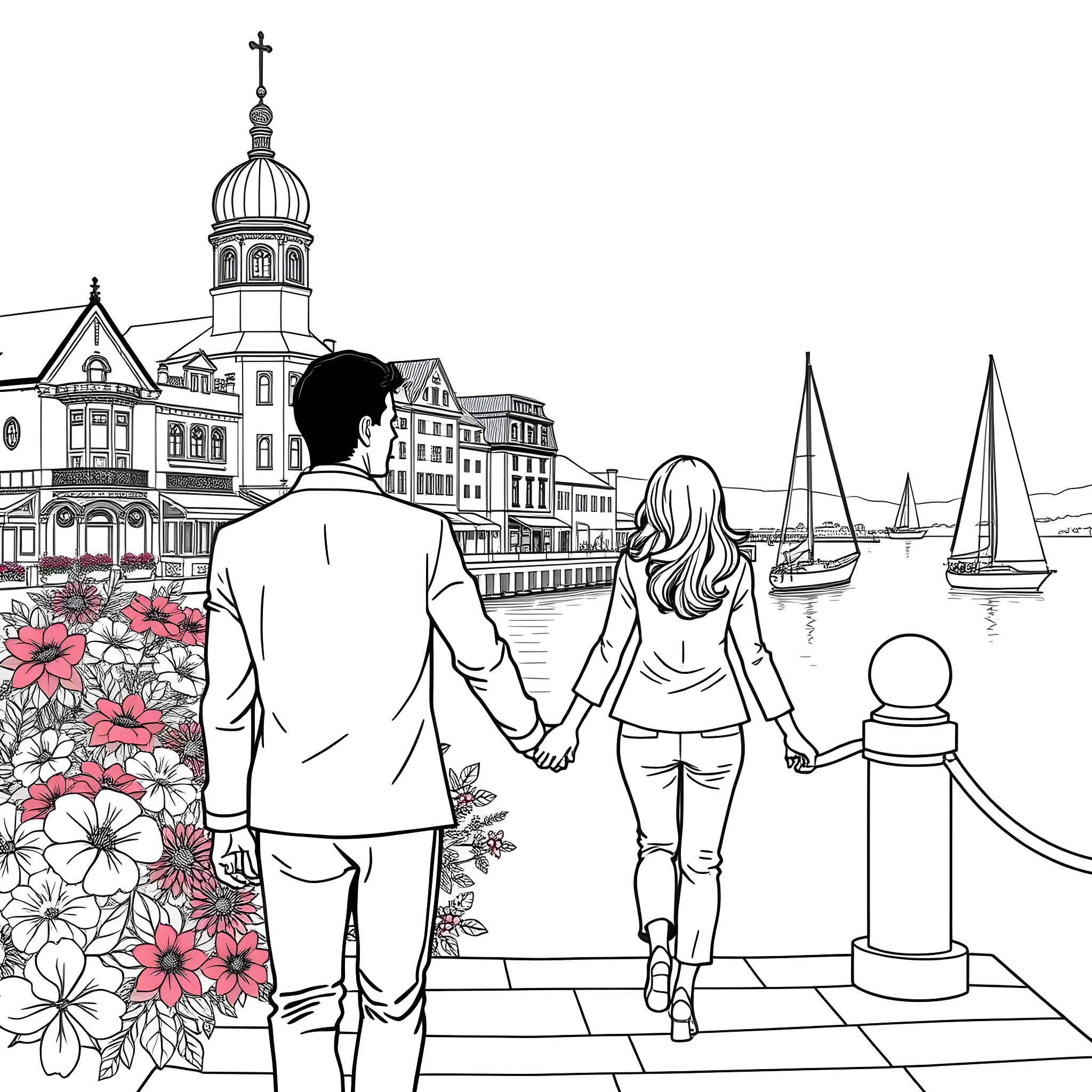 Couple enjoying a scenic view of the city Coloring Page (free black-and-white line drawing printable PDF for all, from beginners to advanced learners, including children, teens, adults, and seniors)