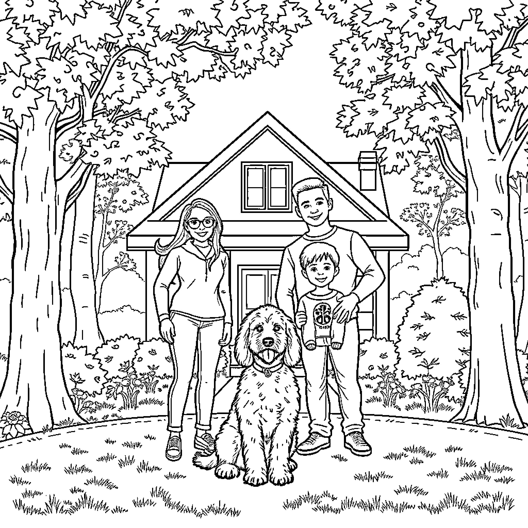 Family enjoying nature together in their backyard Coloring Page (free black-and-white line drawing printable PDF for all, from beginners to advanced learners, including children, teens, adults, and seniors)
