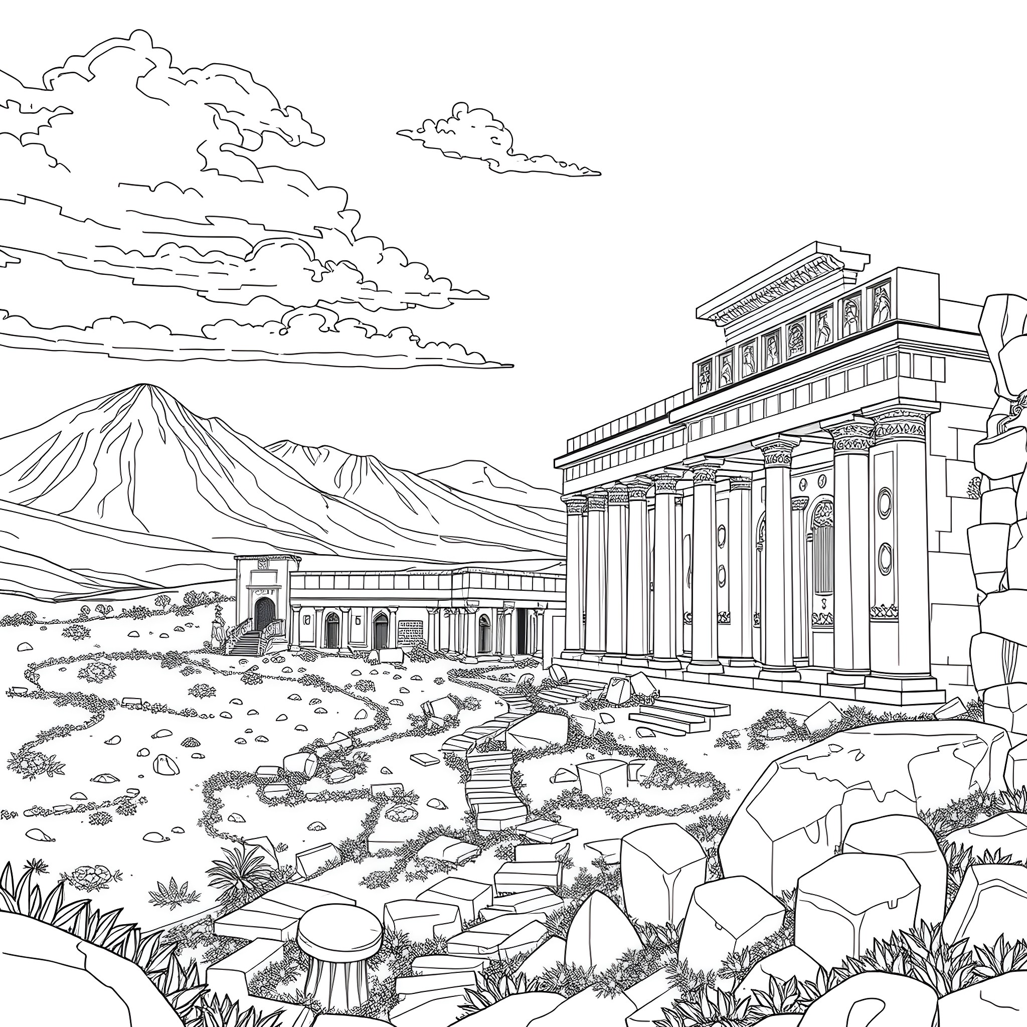 Ancient Life in a Majestic Landscape Coloring Page (free black-and-white line drawing printable PDF for all, from beginners to advanced learners, including children, teens, adults, and seniors)