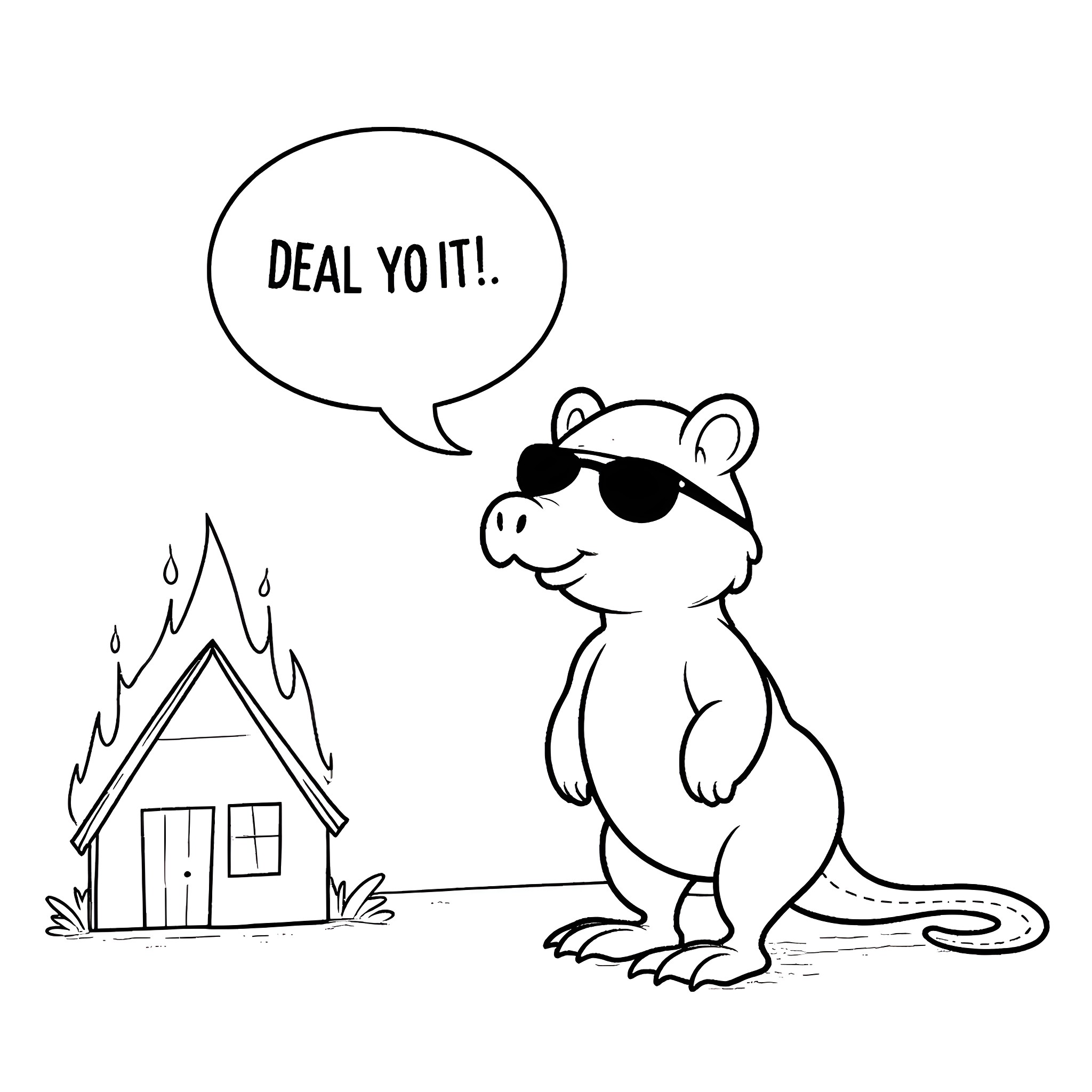 Platypus dealing with a burning house Coloring Page (free black-and-white line drawing printable PDF for all, from beginners to advanced learners, including children, teens, adults, and seniors)