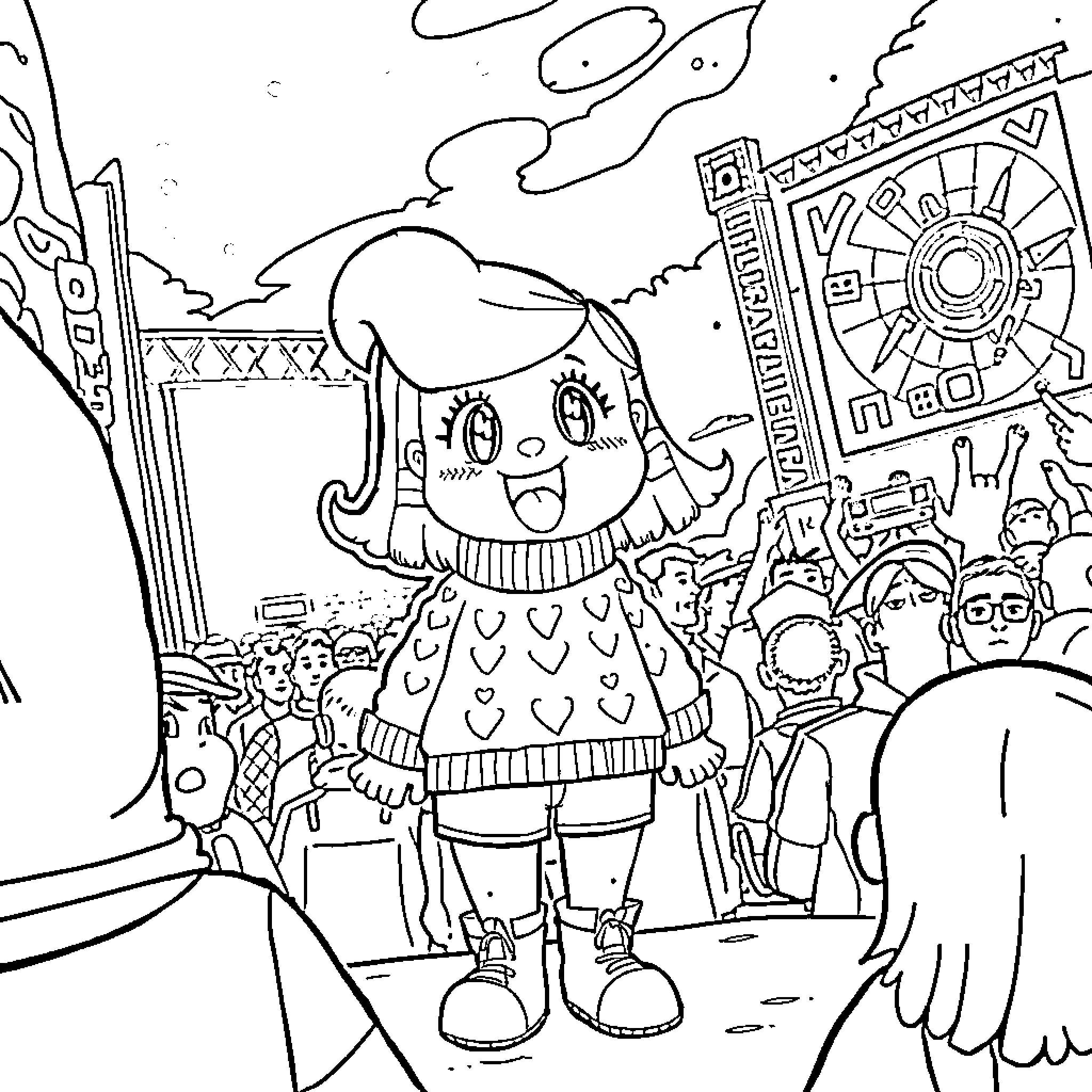 Mabel Pines attending a lively festival Coloring Page (free black-and-white line drawing printable PDF for all, from beginners to advanced learners, including children, teens, adults, and seniors)