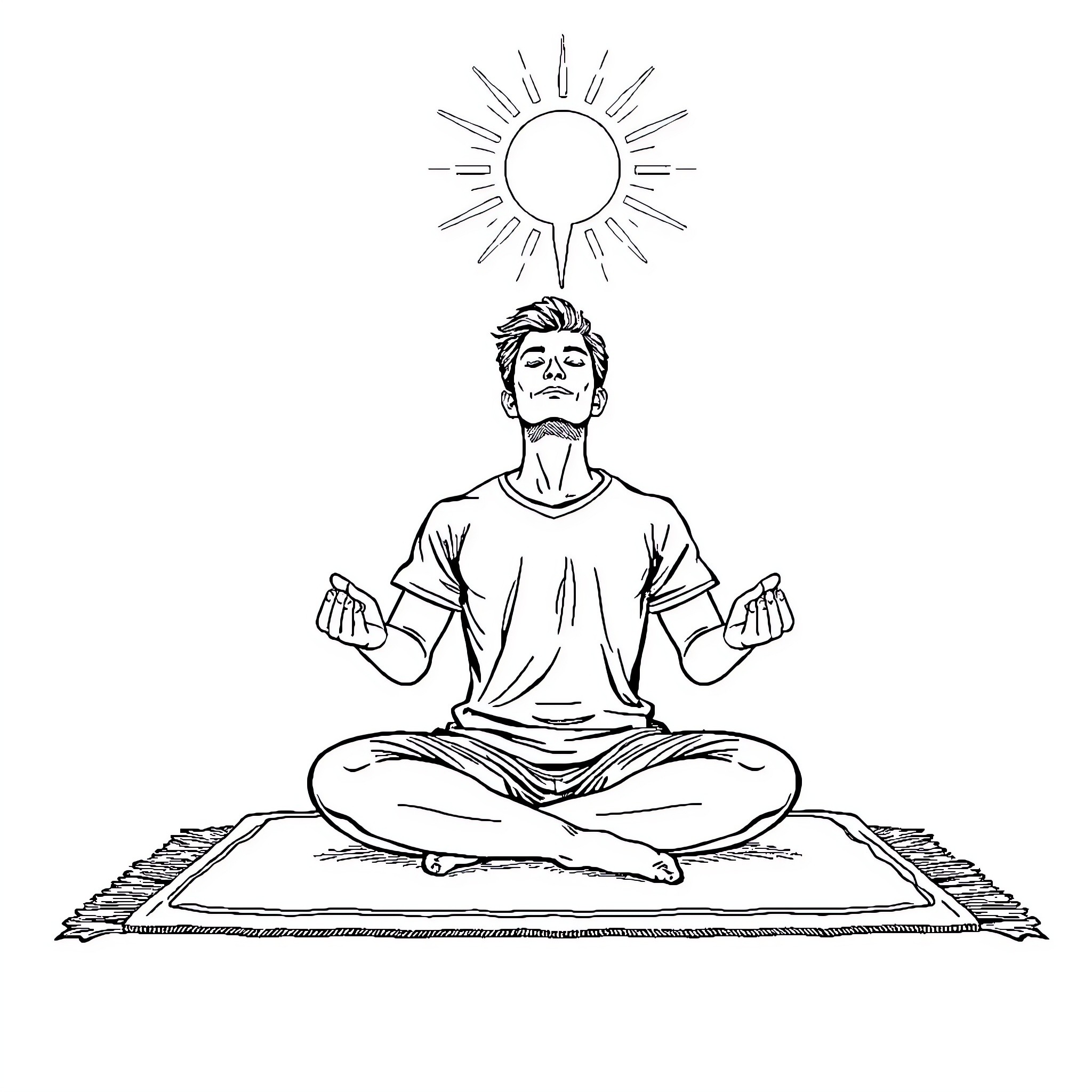 Guy meditating peacefully under the sun Coloring Page (free black-and-white line drawing printable PDF for all, from beginners to advanced learners, including children, teens, adults, and seniors)