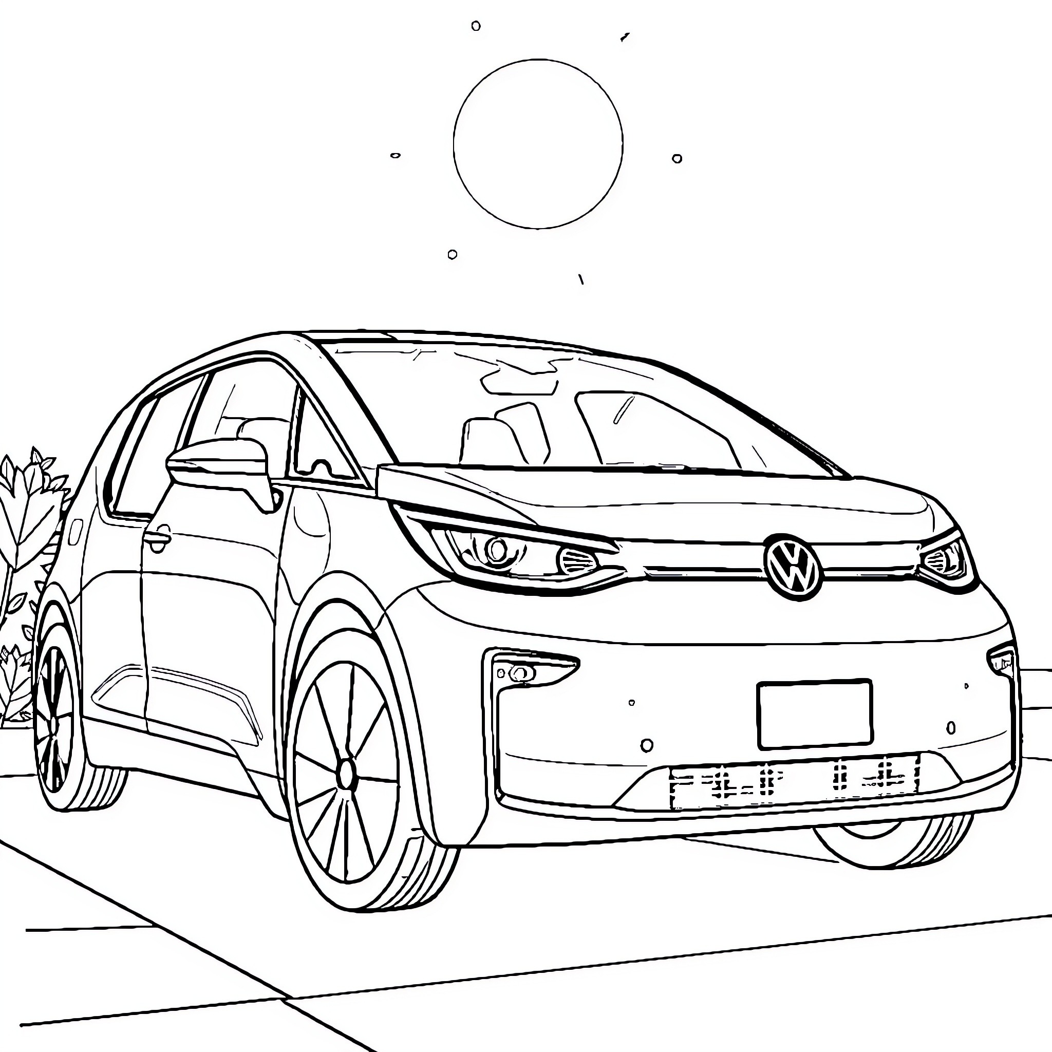Volkswagen ID 7 in scenic outdoor environment Coloring Page (free black-and-white line drawing printable PDF for all, from beginners to advanced learners, including children, teens, adults, and seniors)