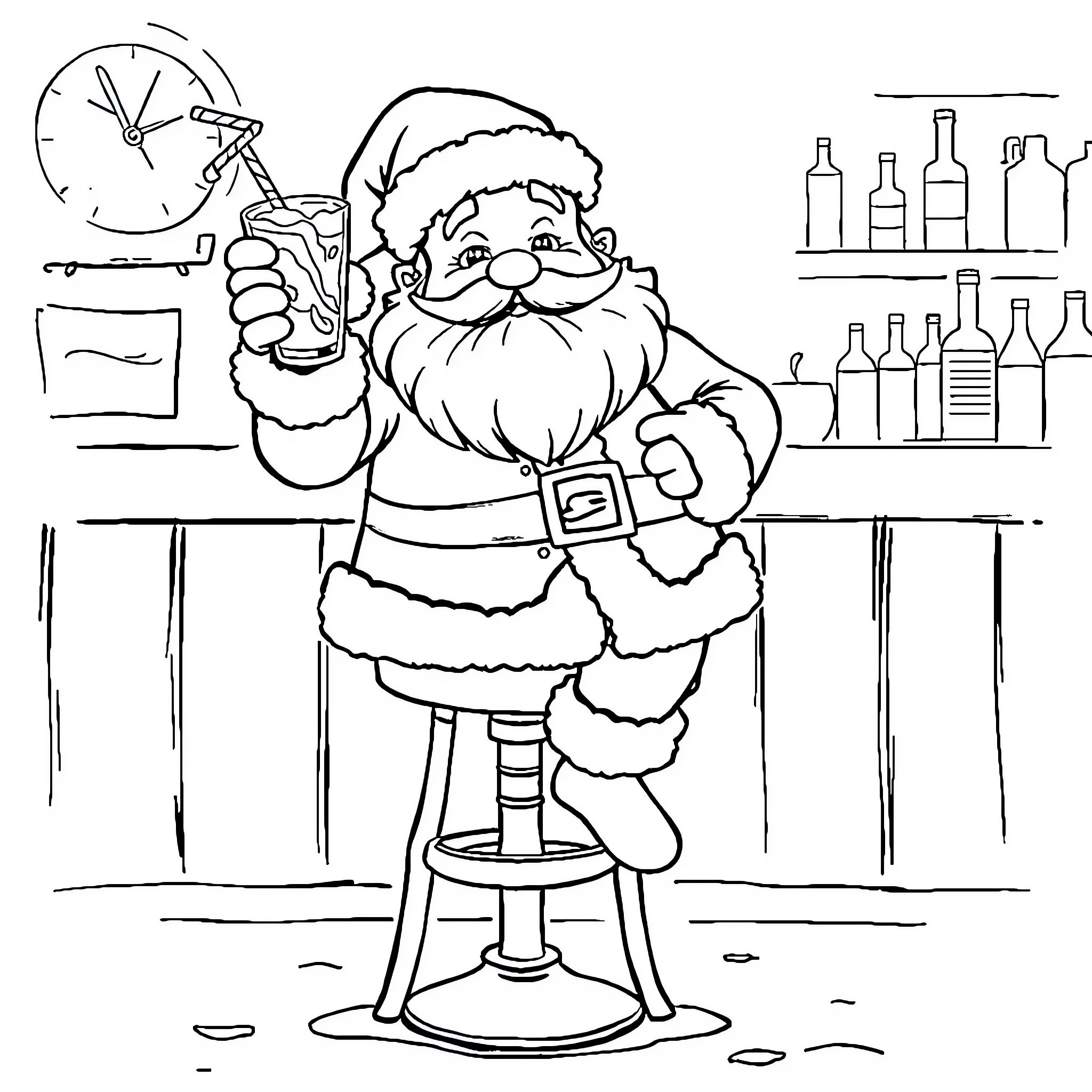 Santa Claus enjoying a drink at the bar Coloring Page (free black-and-white line drawing printable PDF for all, from beginners to advanced learners, including children, teens, adults, and seniors)