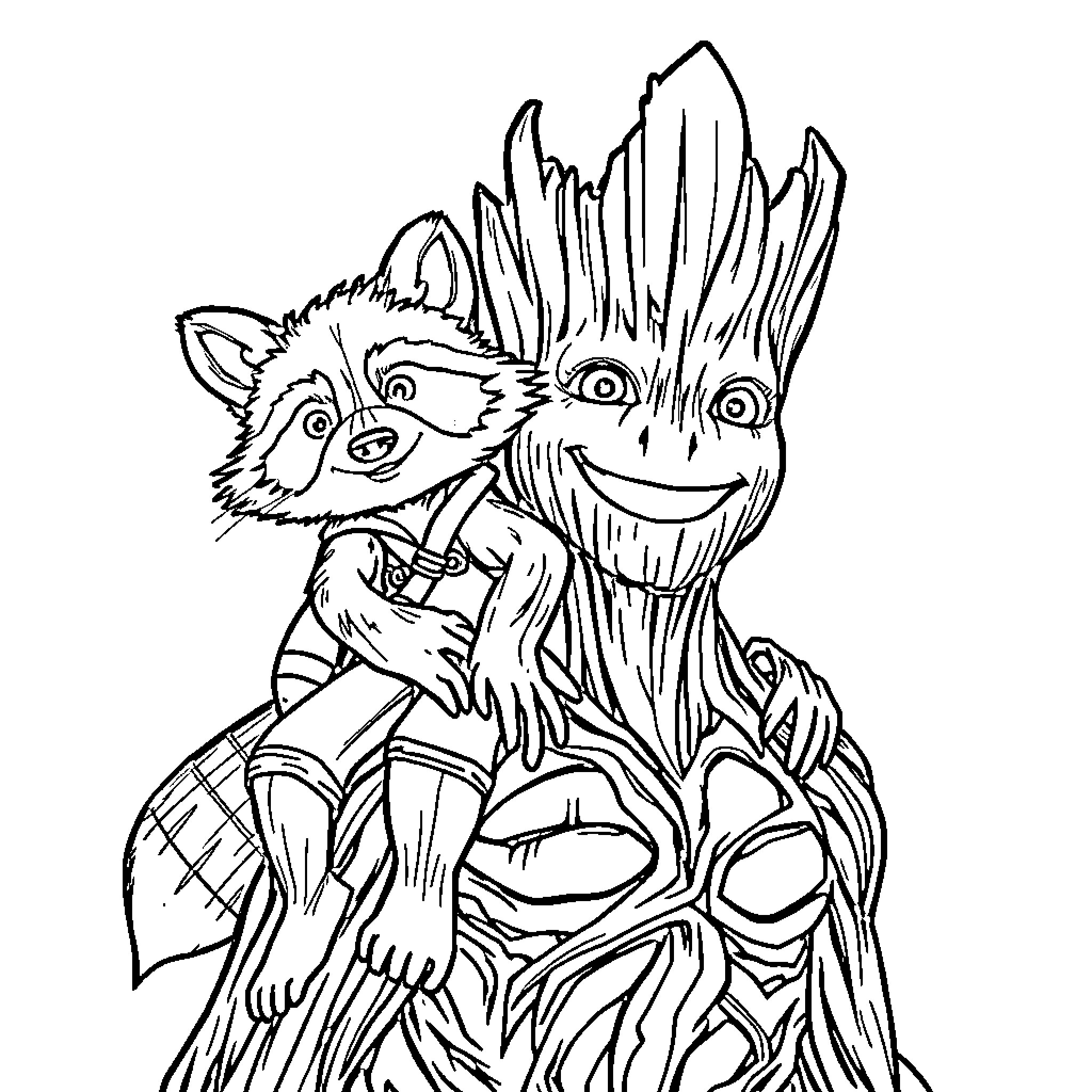 Rocket Raccoon and Groot exploring together Coloring Page (free black-and-white line drawing printable PDF for all, from beginners to advanced learners, including children, teens, adults, and seniors)