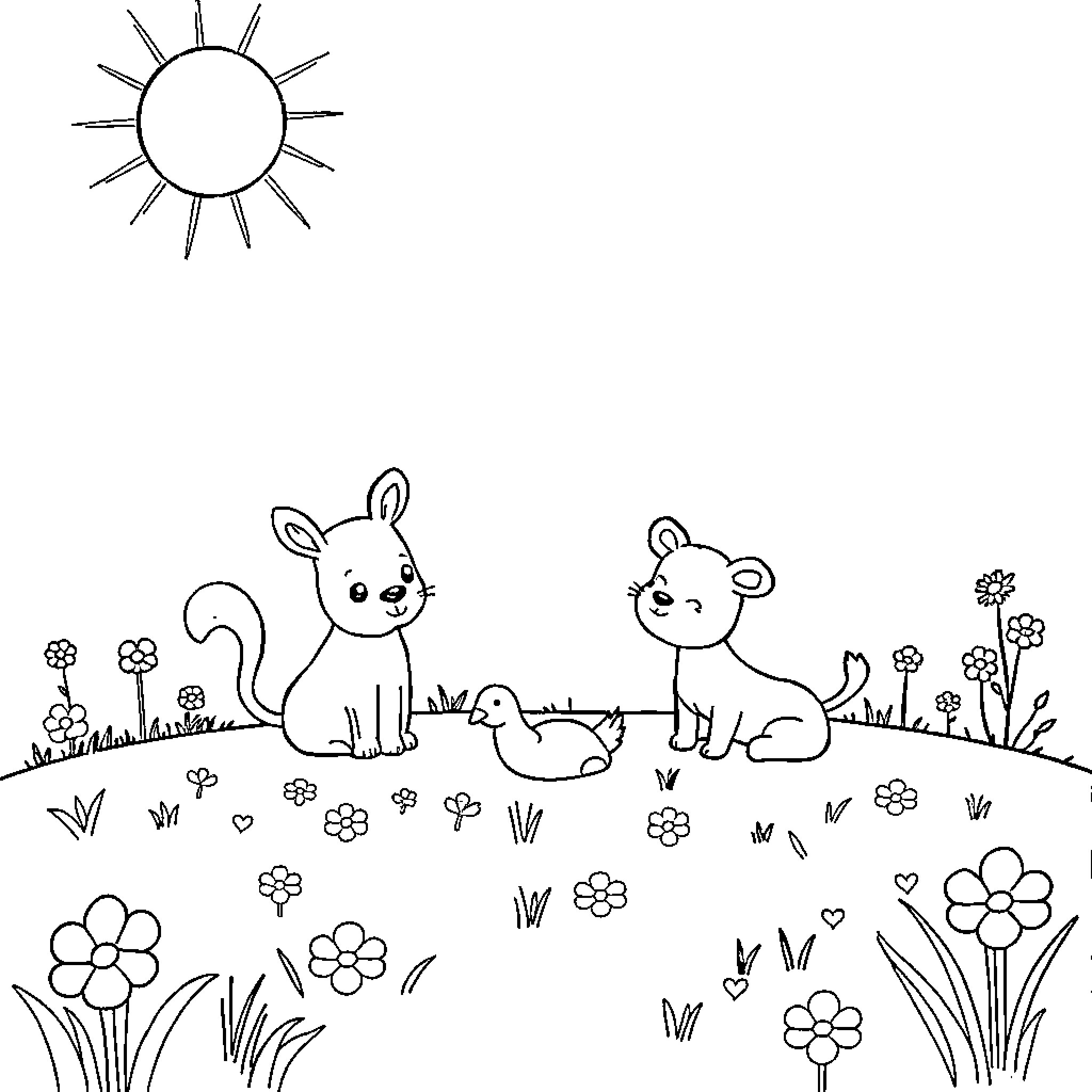 Animal friends in a flowery meadow Coloring Page (free black-and-white line drawing printable PDF for all, from beginners to advanced learners, including children, teens, adults, and seniors)