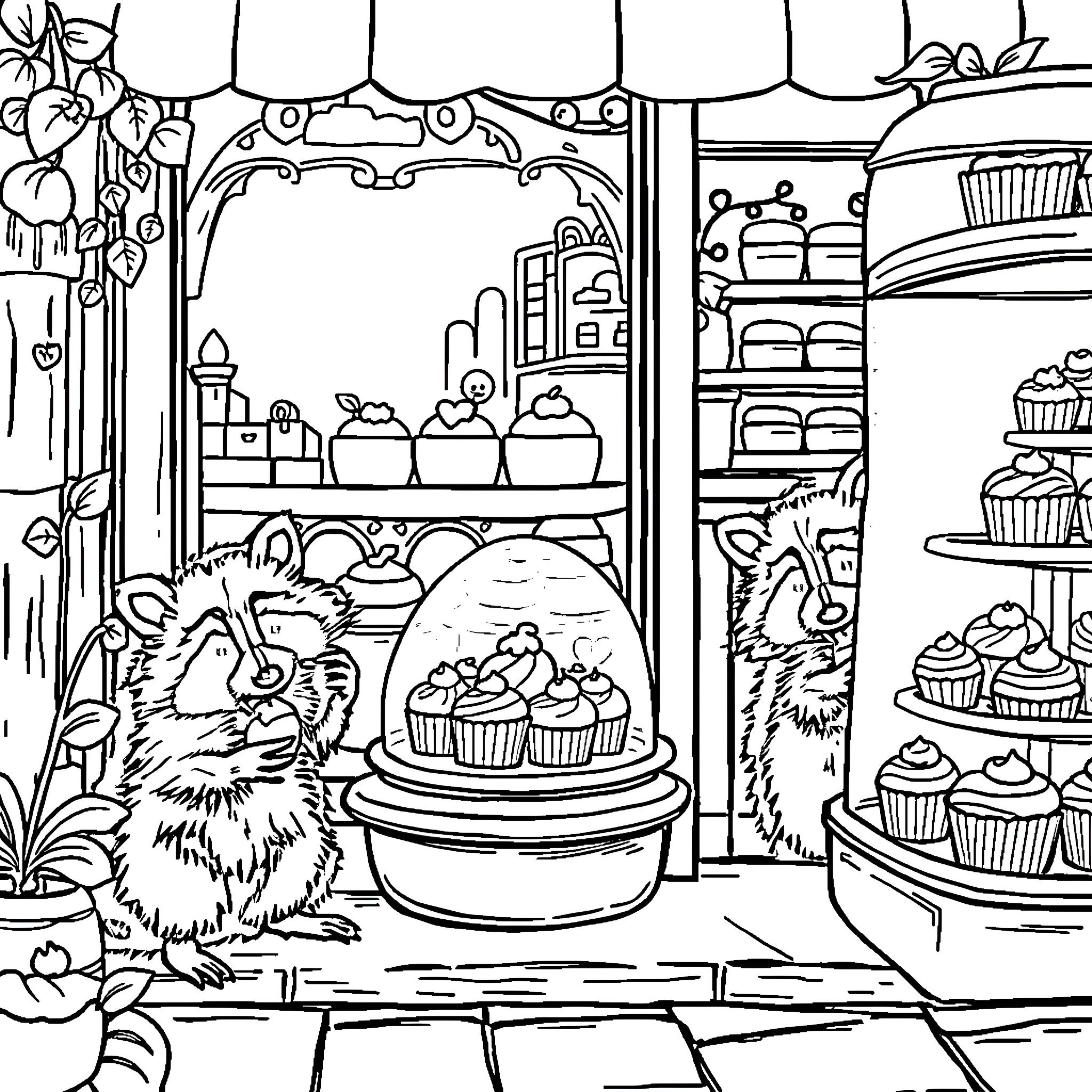 Raccoon exploring a bakery storefront Coloring Page (free black-and-white line drawing printable PDF for all, from beginners to advanced learners, including children, teens, adults, and seniors)
