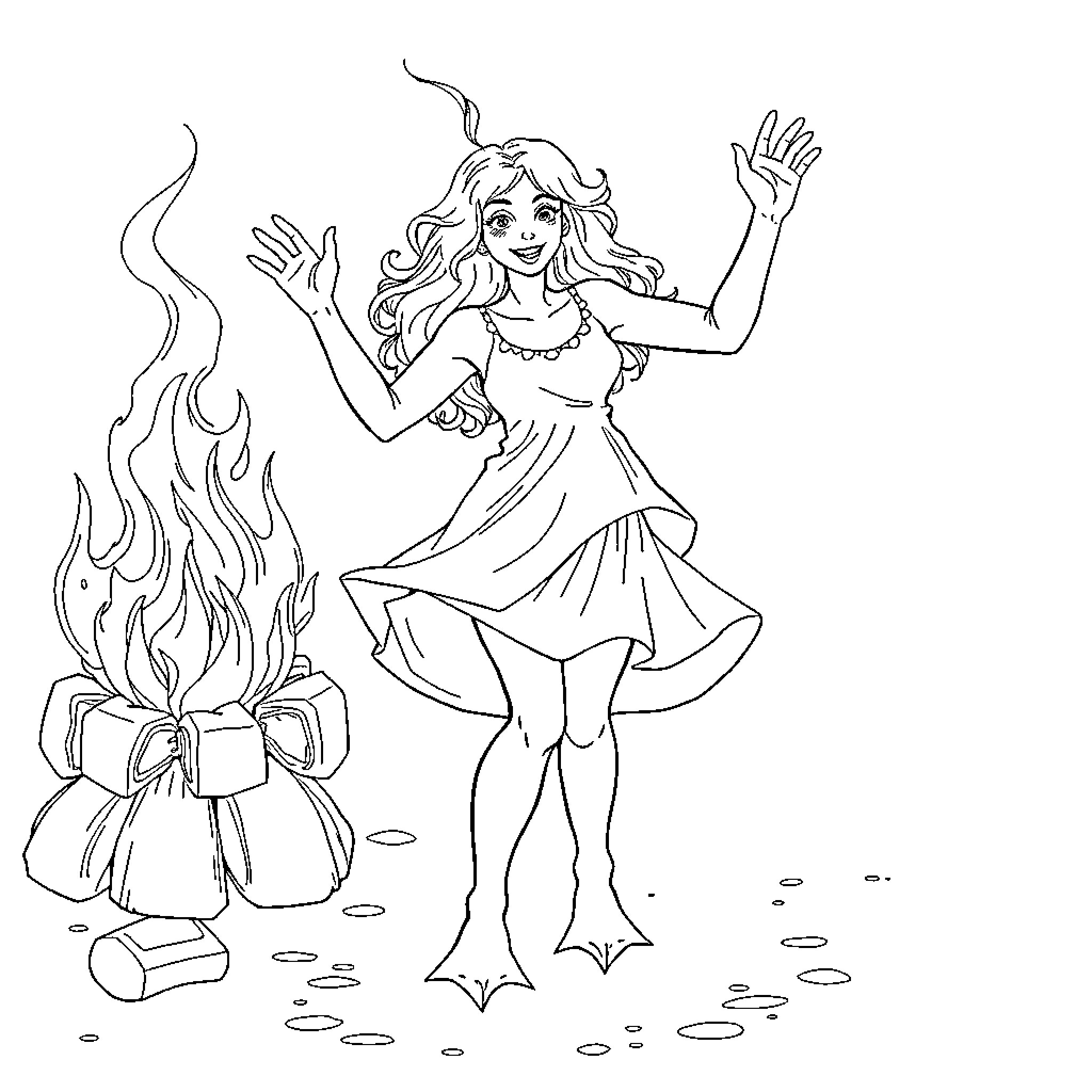 Lady dancing joyfully by a campfire Coloring Page (free black-and-white line drawing printable PDF for all, from beginners to advanced learners, including children, teens, adults, and seniors)