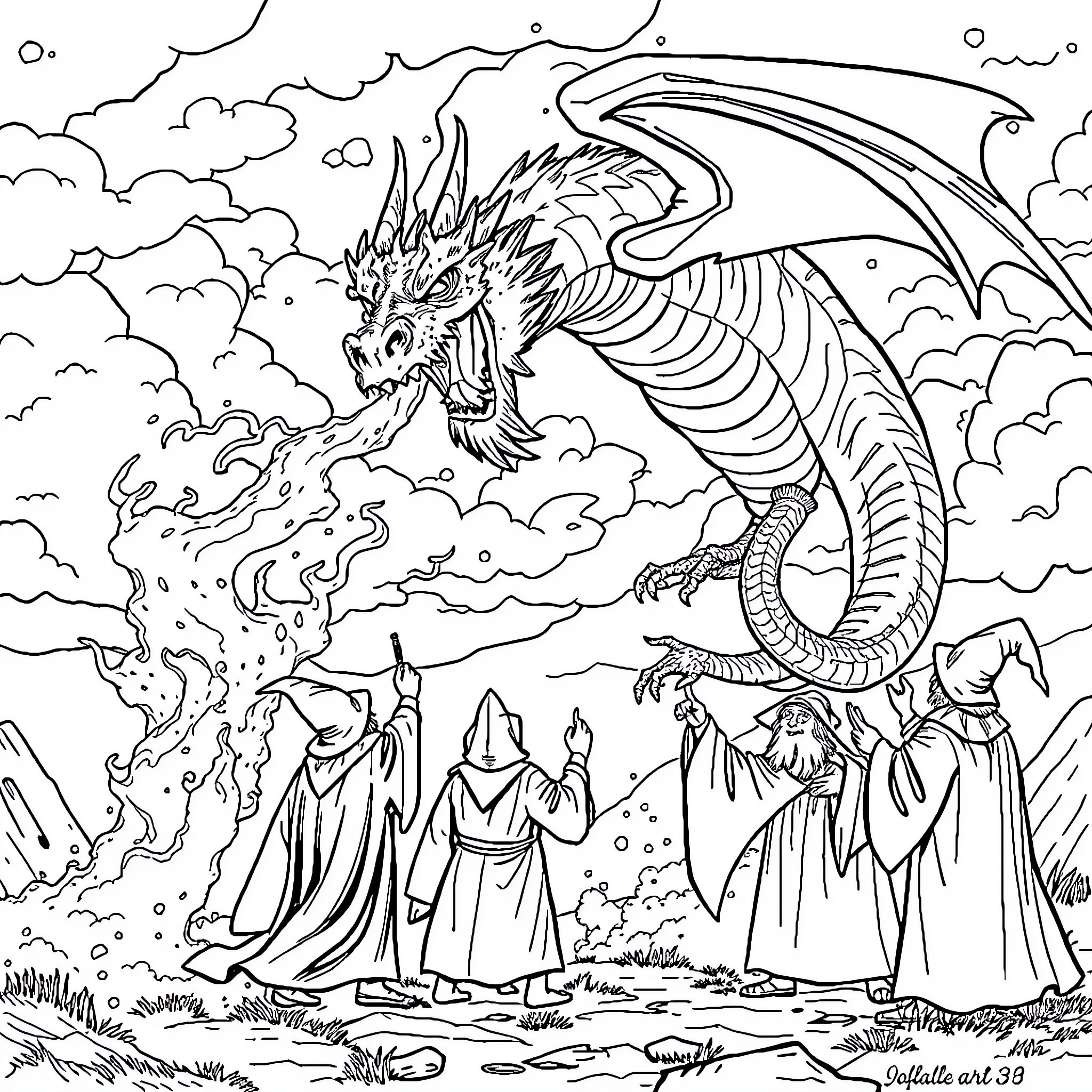 Dragon wielding fiery breath against cloaked figures Coloring Page (free black-and-white line drawing printable PDF for all, from beginners to advanced learners, including children, teens, adults, and seniors)