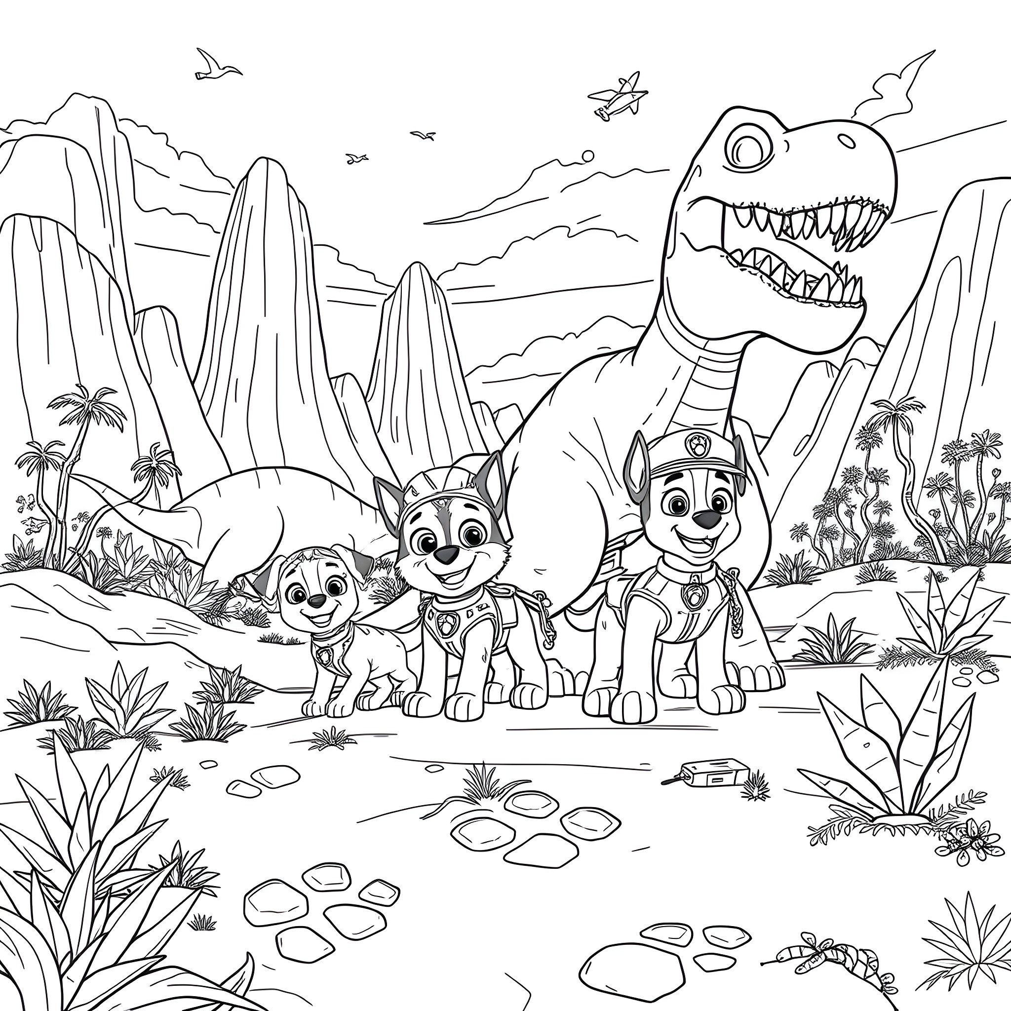 Dinosaur and Paw Patrol Pups Exploring Prehistoric Landscape Coloring Page (free black-and-white line drawing printable PDF for all, from beginners to advanced learners, including children, teens, adults, and seniors)