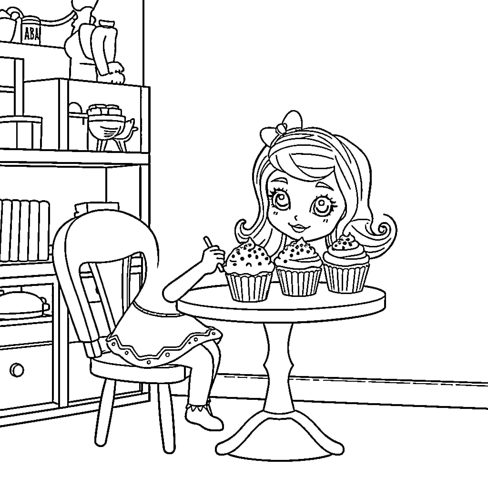 Gabby baking and decorating cupcakes in the kitchen Coloring Page (free black-and-white line drawing printable PDF for all, from beginners to advanced learners, including children, teens, adults, and seniors)
