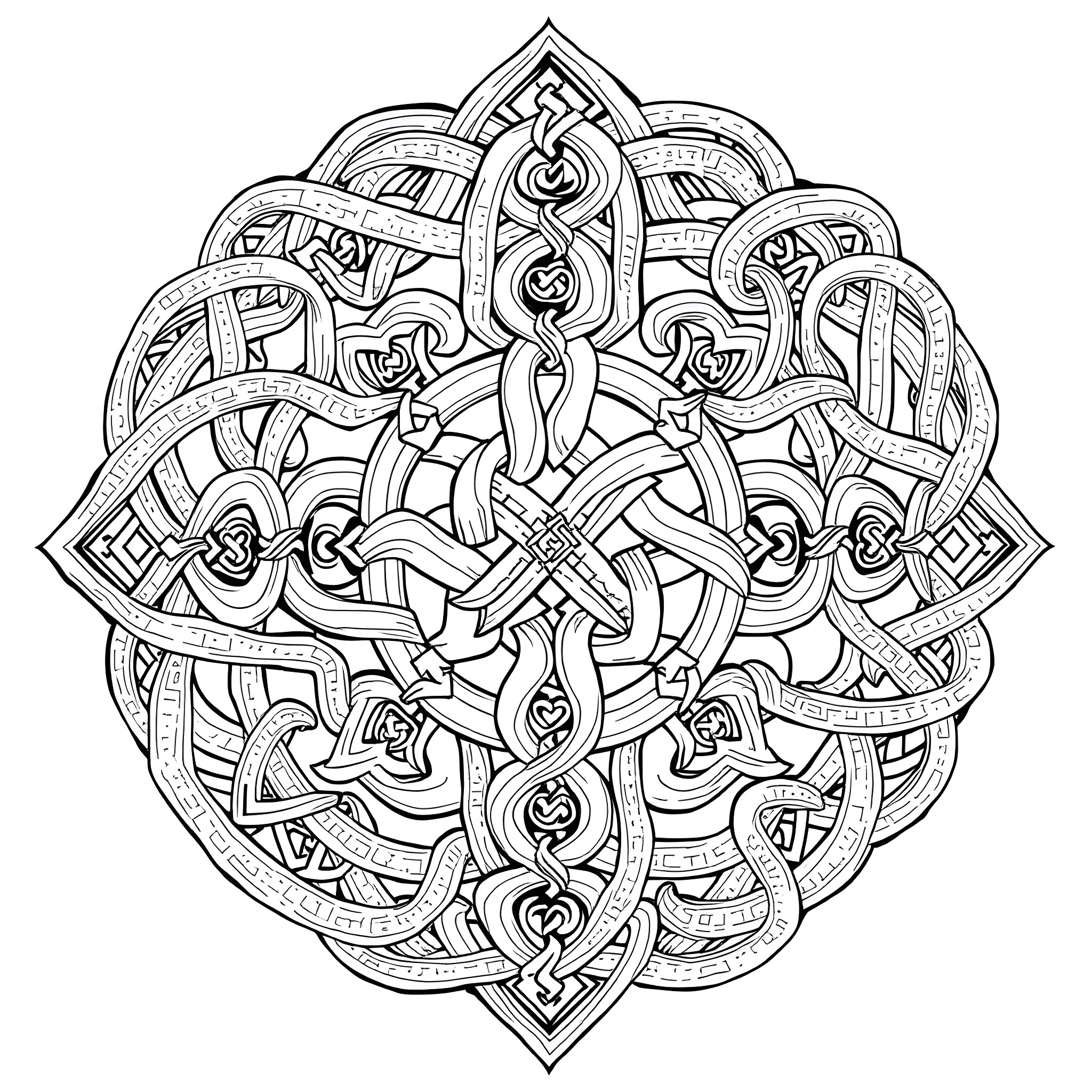 Celtic Braiding Intricate Mandala Design Coloring Page (free black-and-white line drawing printable PDF for all, from beginners to advanced learners, including children, teens, adults, and seniors)
