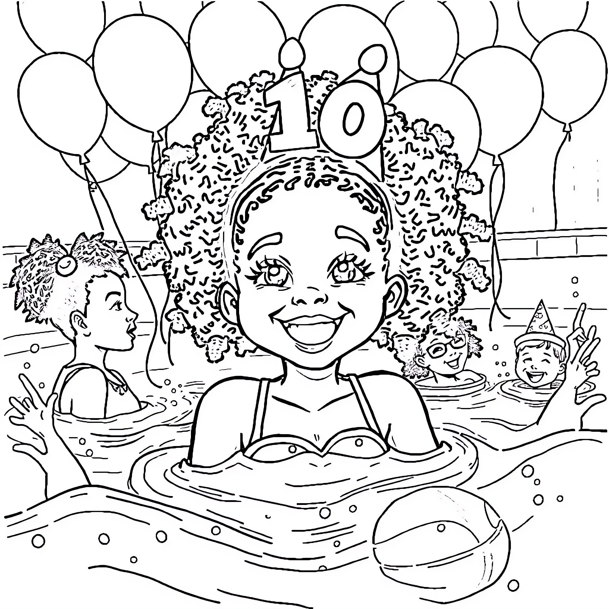 Girl celebrating 10th birthday in swimming pool with balloons Coloring Page (free black-and-white line drawing printable PDF for all, from beginners to advanced learners, including children, teens, adults, and seniors)