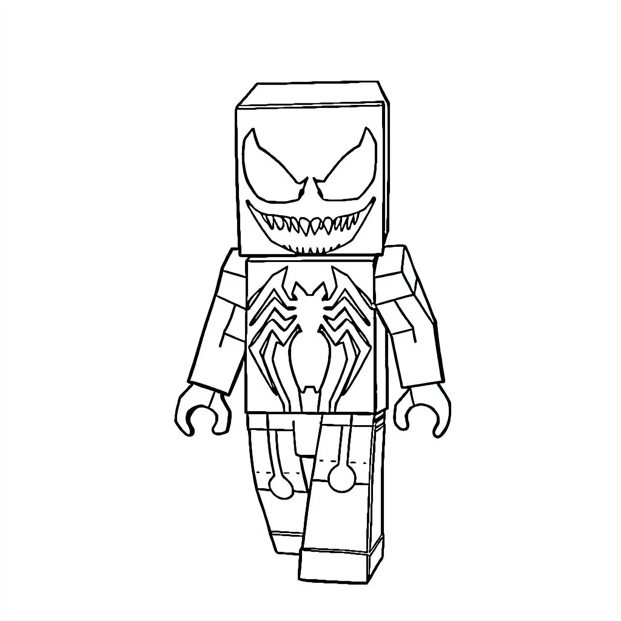 Venom-inspired Lego minifigure with menacing expression Coloring Page (free black-and-white line drawing printable PDF for all, from beginners to advanced learners, including children, teens, adults, and seniors)