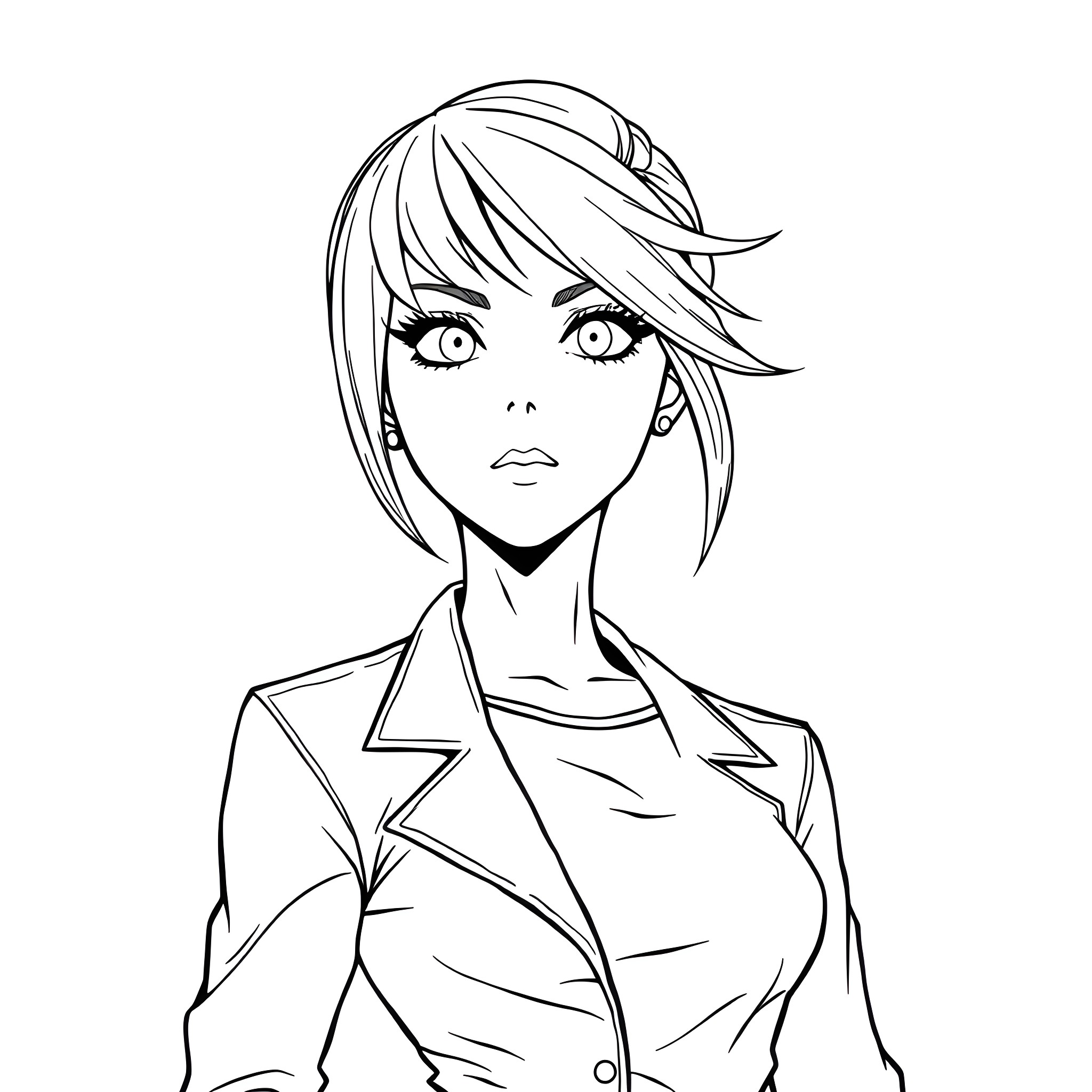 Android 18 in Contemplative Pose Coloring Page (free black-and-white line drawing printable PDF for all, from beginners to advanced learners, including children, teens, adults, and seniors)