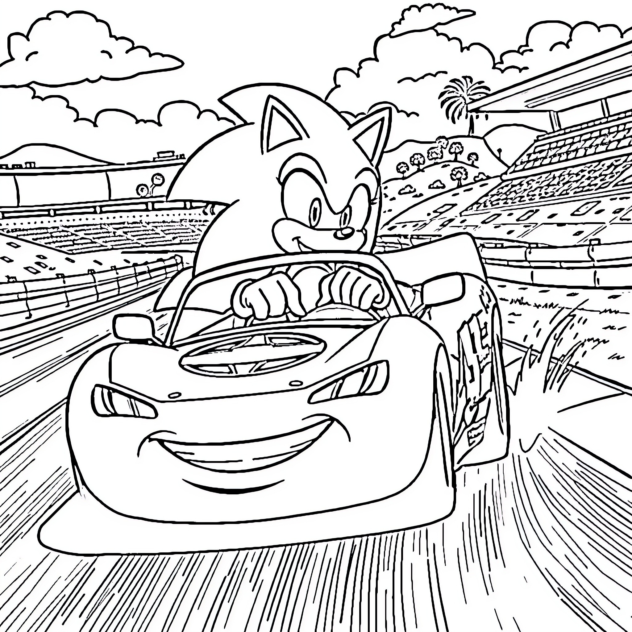 Sonic racing through a scenic landscape Coloring Page (free black-and-white line drawing printable PDF for all, from beginners to advanced learners, including children, teens, adults, and seniors)
