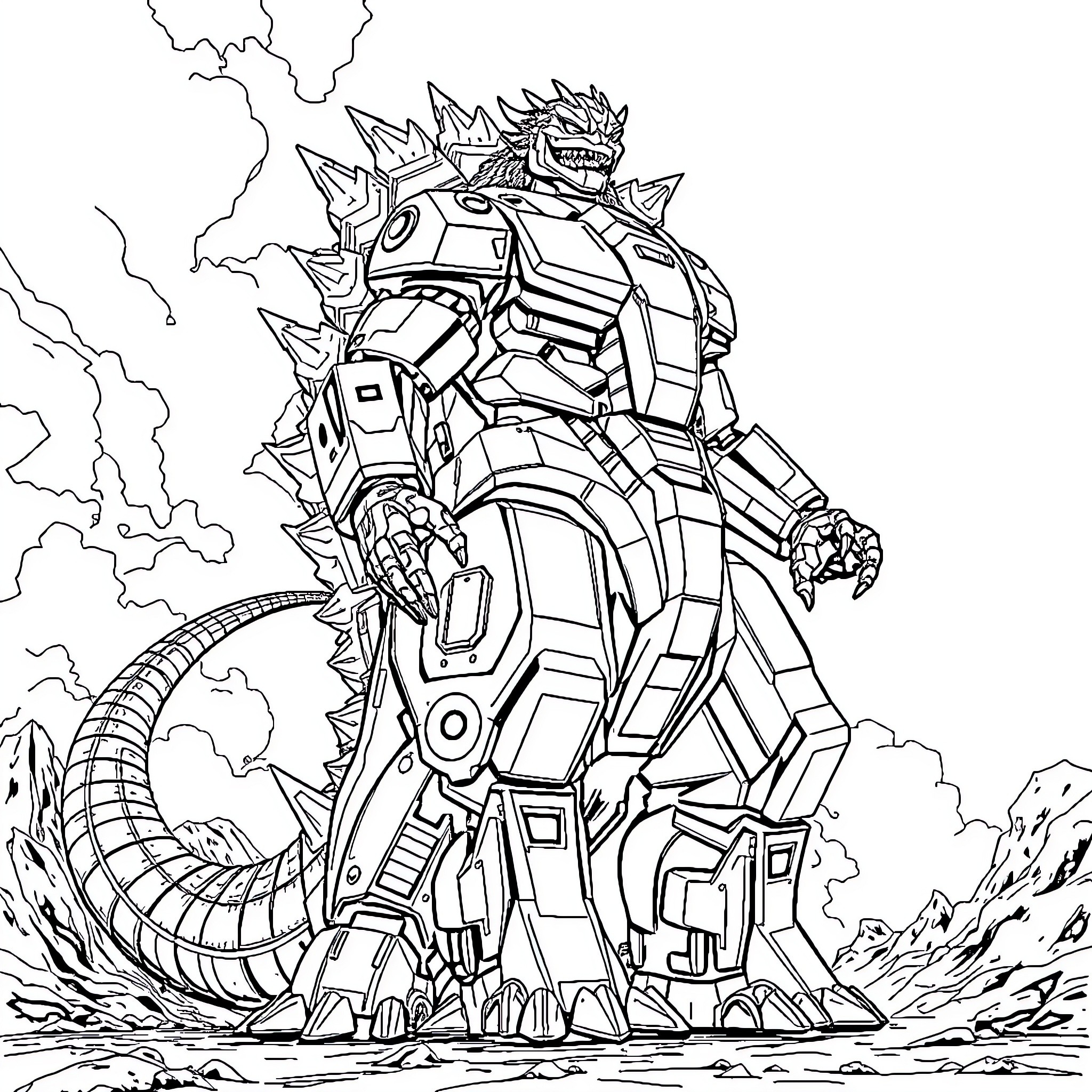 Mechagodzilla battling with lightning and destruction Coloring Page (free black-and-white line drawing printable PDF for all, from beginners to advanced learners, including children, teens, adults, and seniors)