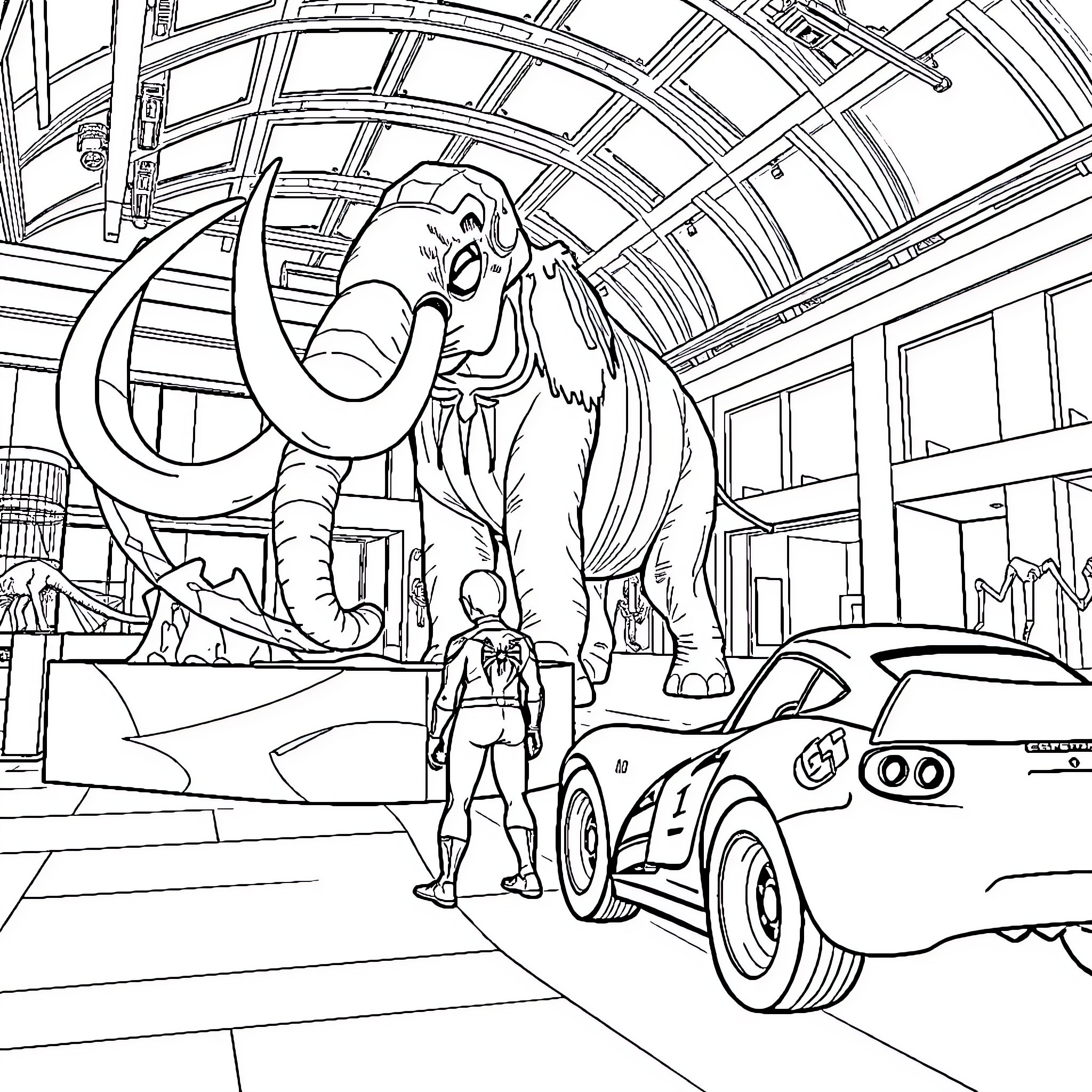 Spiderman exploring museum with mammoth exhibit Coloring Page (free black-and-white line drawing printable PDF for all, from beginners to advanced learners, including children, teens, adults, and seniors)