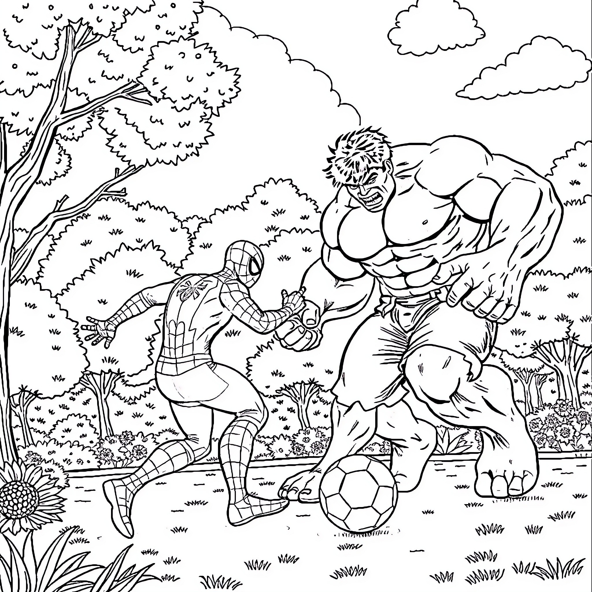 Spiderman facing off against a muscular opponent in a natural setting Coloring Page (free black-and-white line drawing printable PDF for all, from beginners to advanced learners, including children, teens, adults, and seniors)