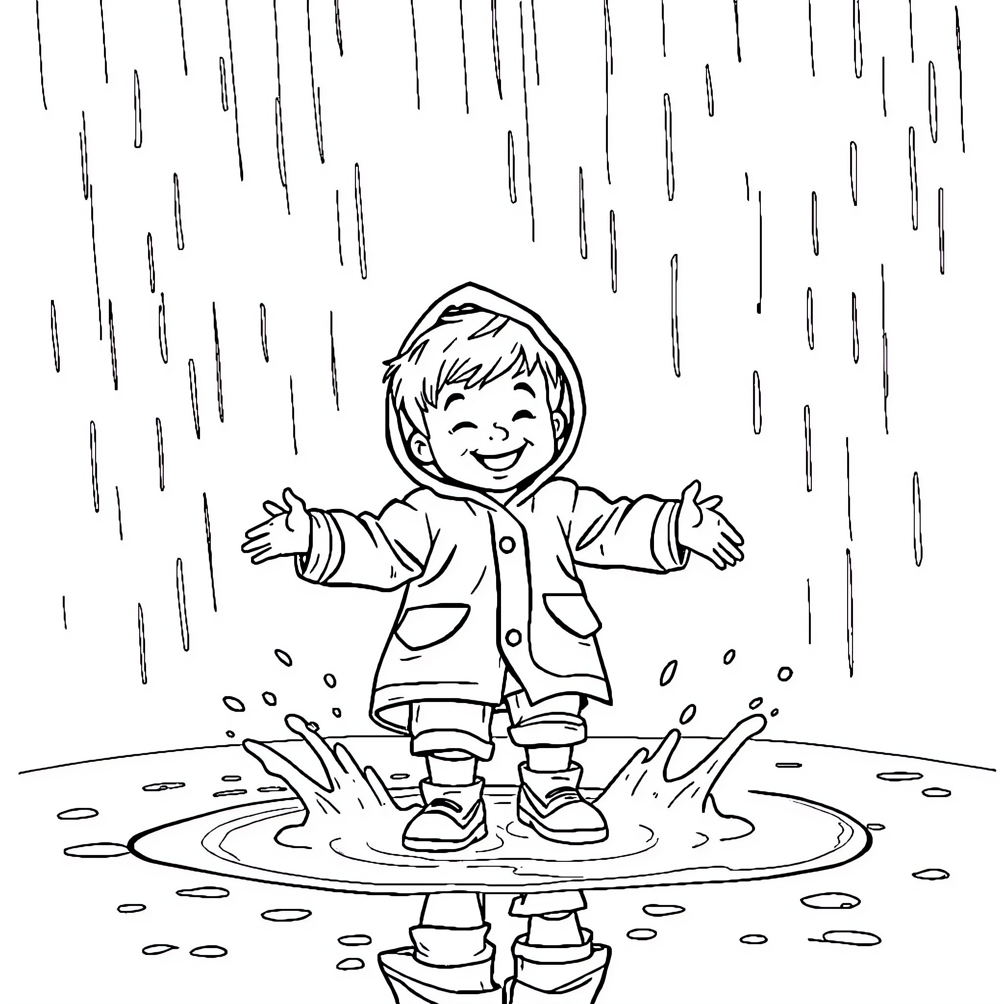 Boy joyfully playing in the rain Coloring Page (free black-and-white line drawing printable PDF for all, from beginners to advanced learners, including children, teens, adults, and seniors)